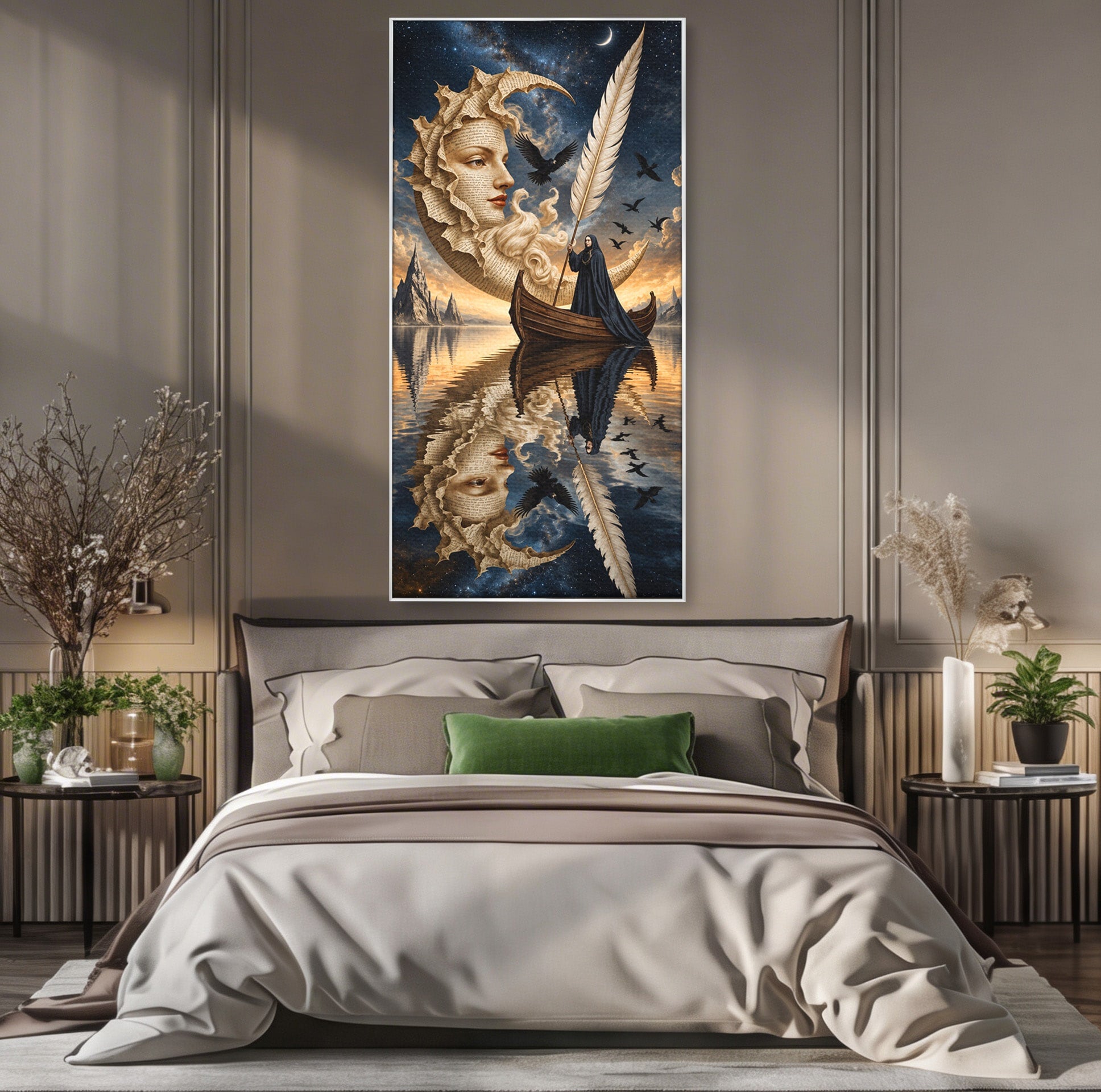 Tablou Canvas Premium LuxCanva® U1068, Barca Lunii Mistice, Luna, Barca, Mister, Visare, Living, Fantezie, Culori Vibrante