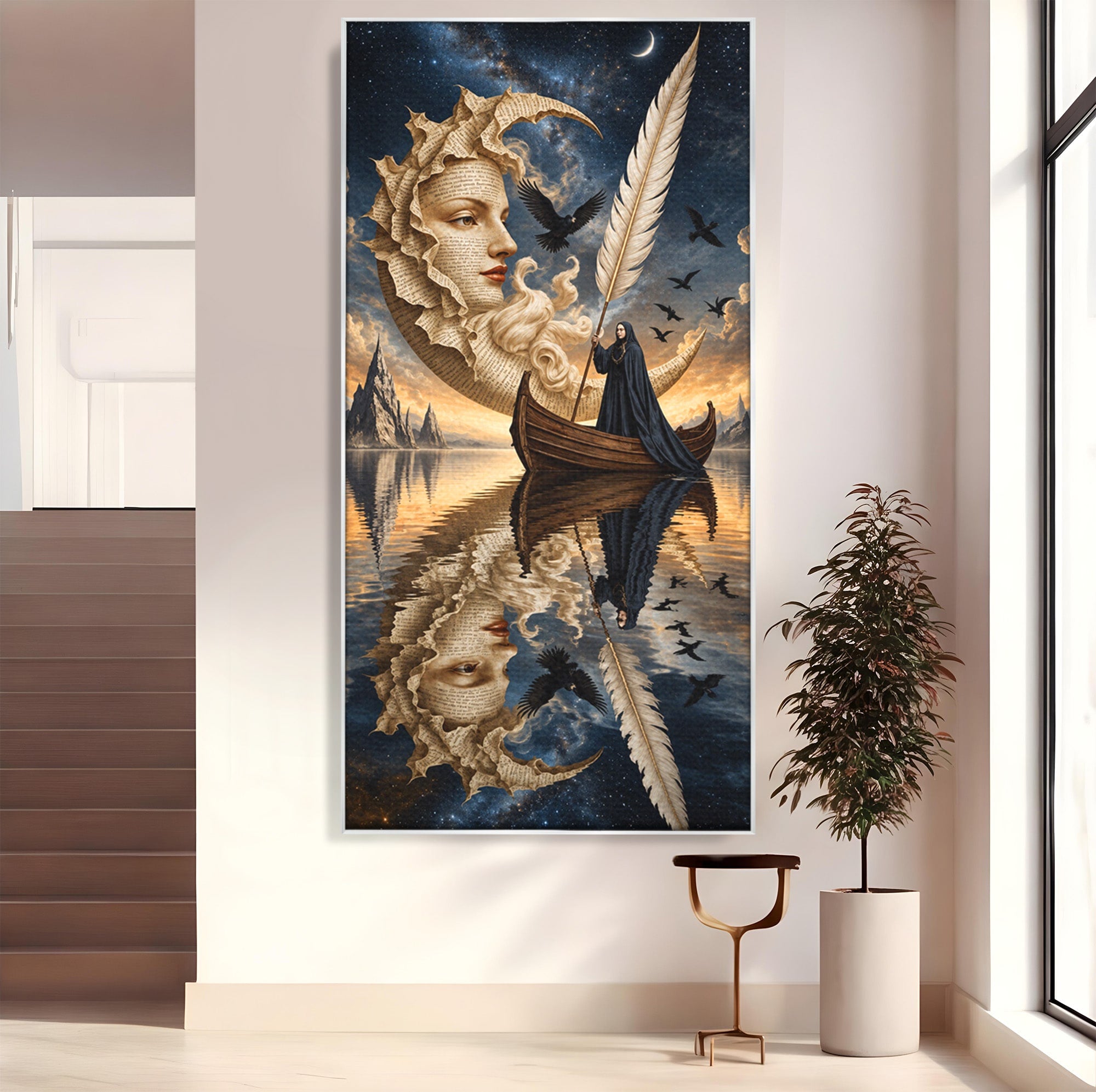 Tablou Canvas Premium LuxCanva® U1068, Barca Lunii Mistice, Luna, Barca, Mister, Visare, Living, Fantezie, Culori Vibrante