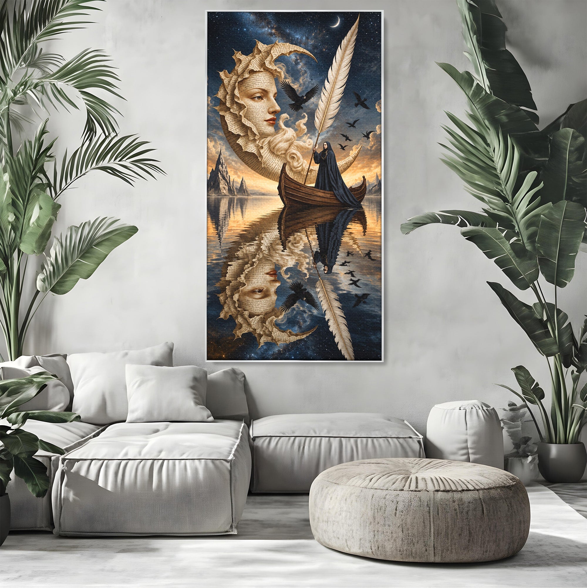 Tablou Canvas Premium LuxCanva® U1068, Barca Lunii Mistice, Luna, Barca, Mister, Visare, Living, Fantezie, Culori Vibrante