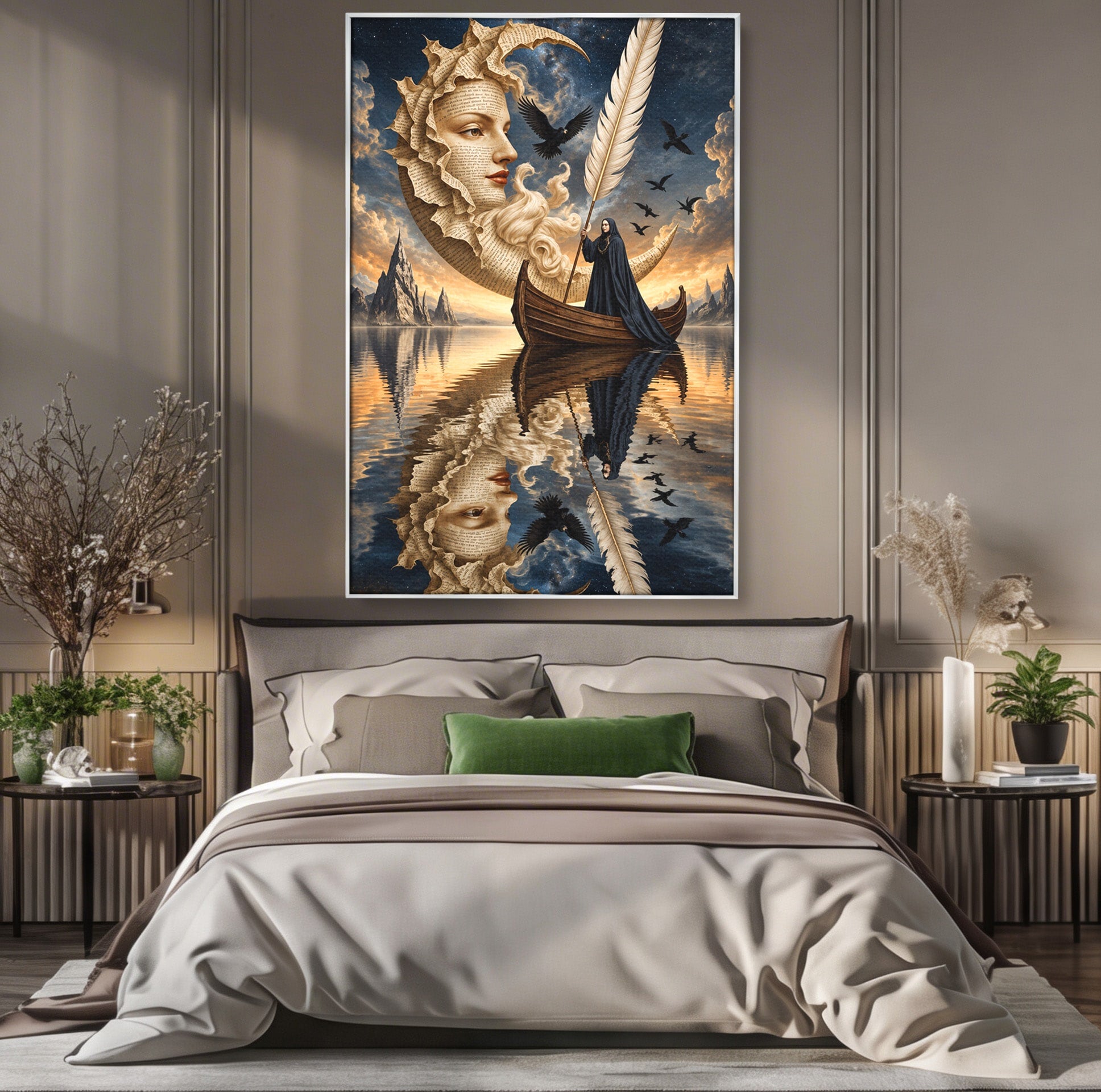 Tablou Canvas Premium LuxCanva® U1068, Barca Lunii Mistice, Luna, Barca, Mister, Visare, Living, Fantezie, Culori Vibrante