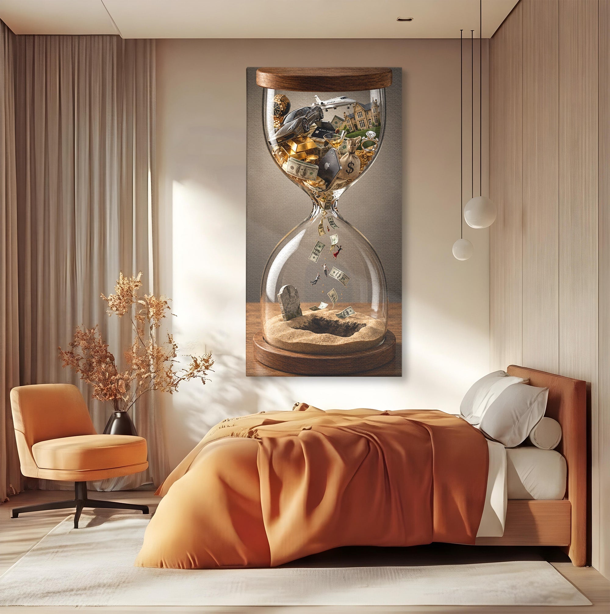 Tablou Canvas Premium LuxCanva® U1072, Clepsidra Timpului, Viata, Averi, Conceptual, Birou, Clepsidra, Culori Vibrante
