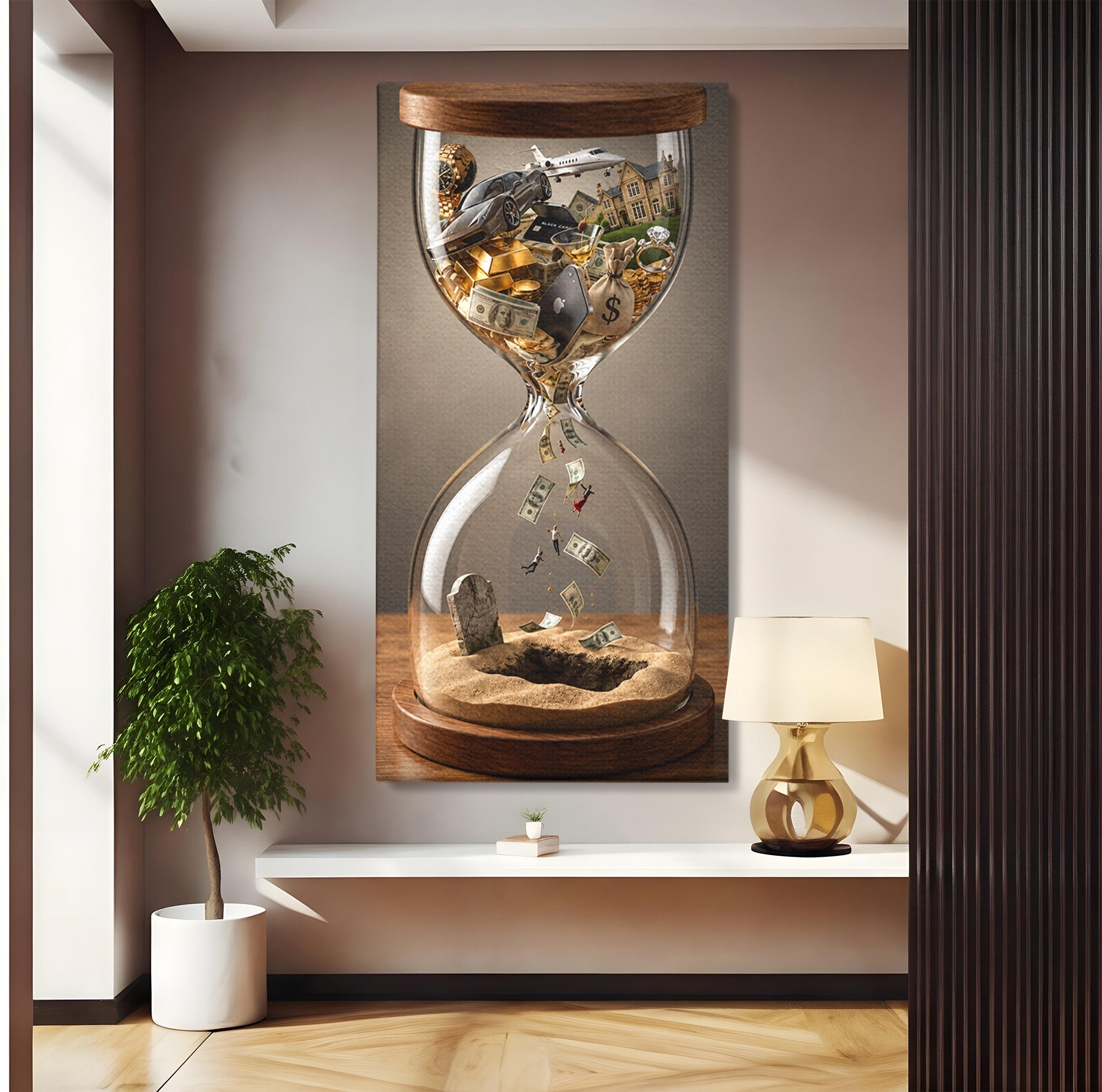 Tablou Canvas Premium LuxCanva® U1072, Clepsidra Timpului, Viata, Averi, Conceptual, Birou, Clepsidra, Culori Vibrante