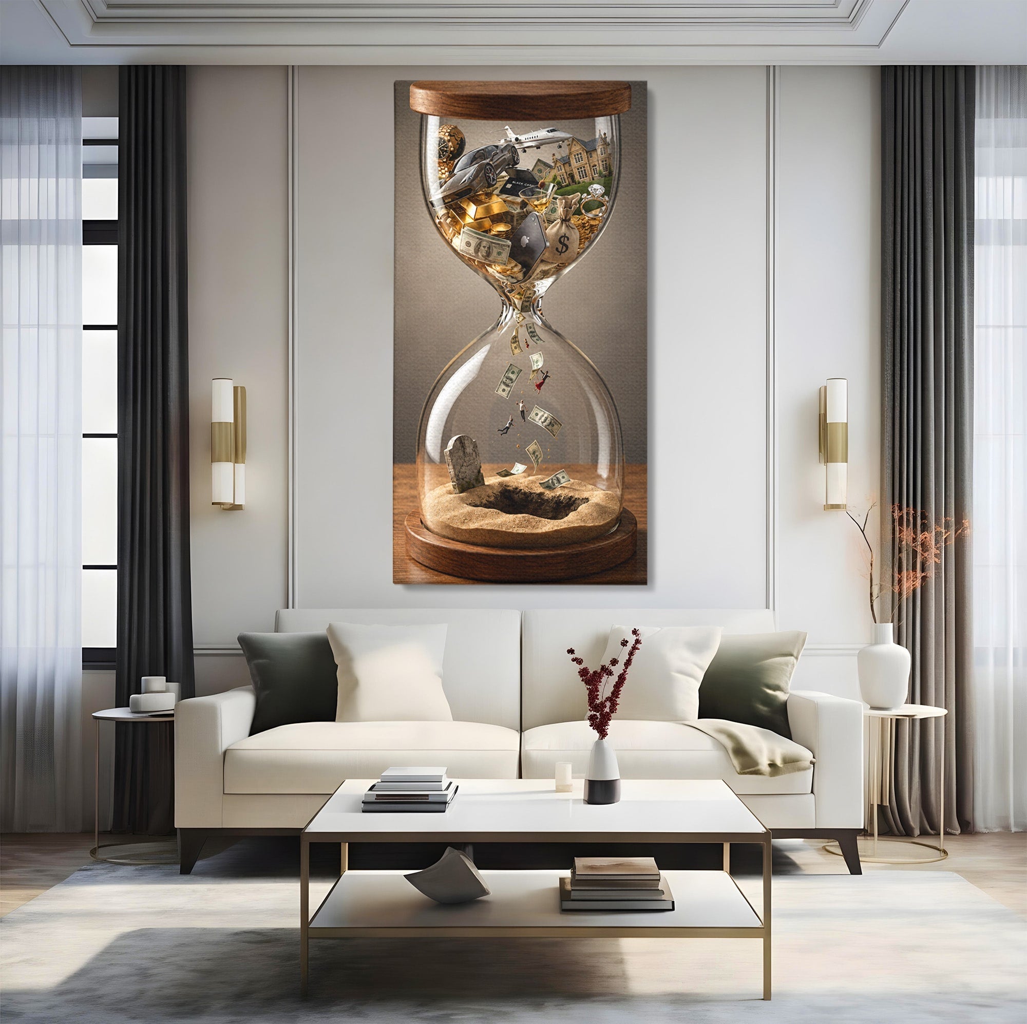 Tablou Canvas Premium LuxCanva® U1072, Clepsidra Timpului, Viata, Averi, Conceptual, Birou, Clepsidra, Culori Vibrante