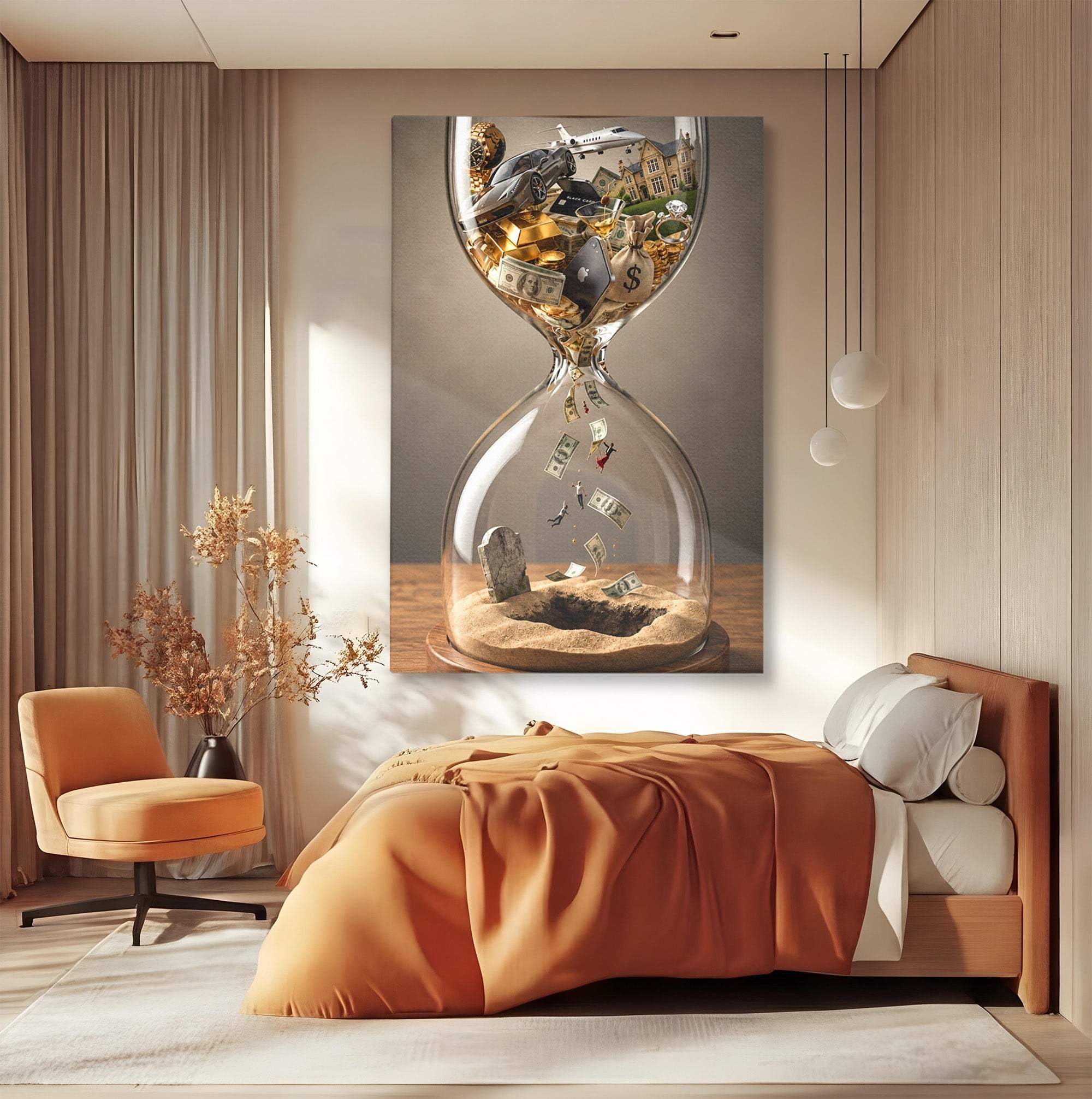 Tablou Canvas Premium LuxCanva® U1072, Clepsidra Timpului, Viata, Averi, Conceptual, Birou, Clepsidra, Culori Vibrante