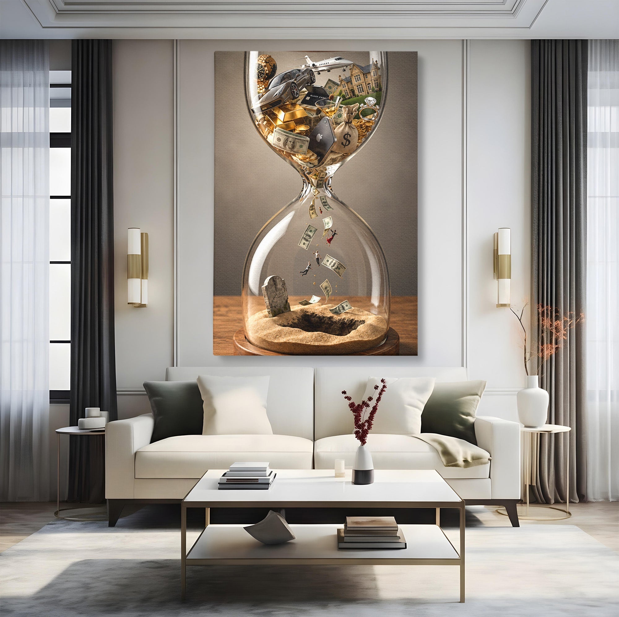 Tablou Canvas Premium LuxCanva® U1072, Clepsidra Timpului, Viata, Averi, Conceptual, Birou, Clepsidra, Culori Vibrante