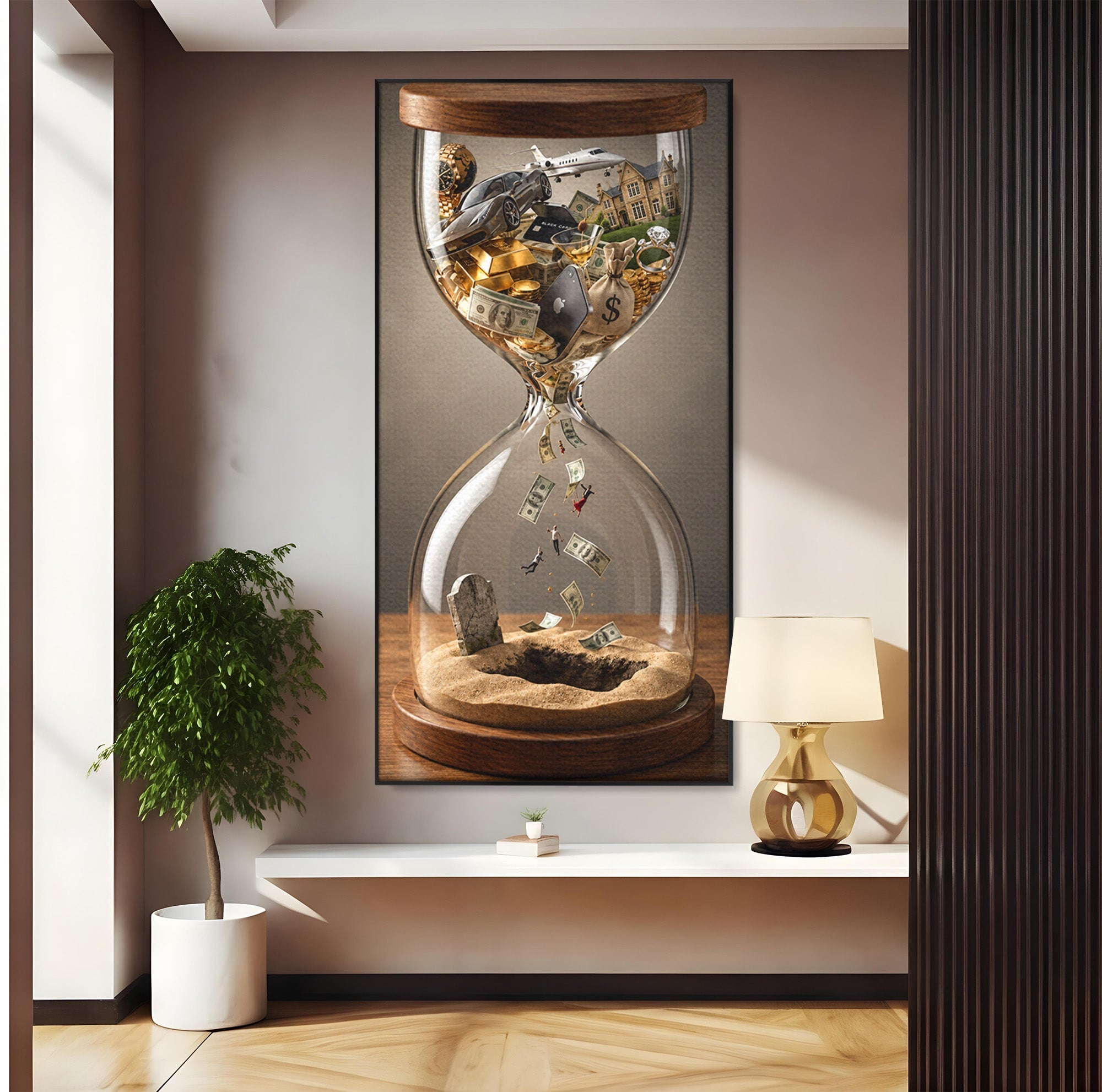 Tablou Canvas Premium LuxCanva® U1072, Clepsidra Timpului, Viata, Averi, Conceptual, Birou, Clepsidra, Culori Vibrante