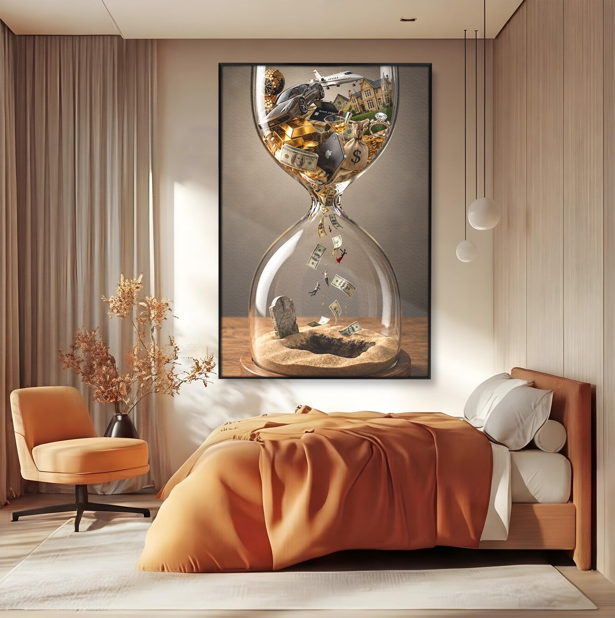 Tablou Canvas Premium LuxCanva® U1072, Clepsidra Timpului, Viata, Averi, Conceptual, Birou, Clepsidra, Culori Vibrante