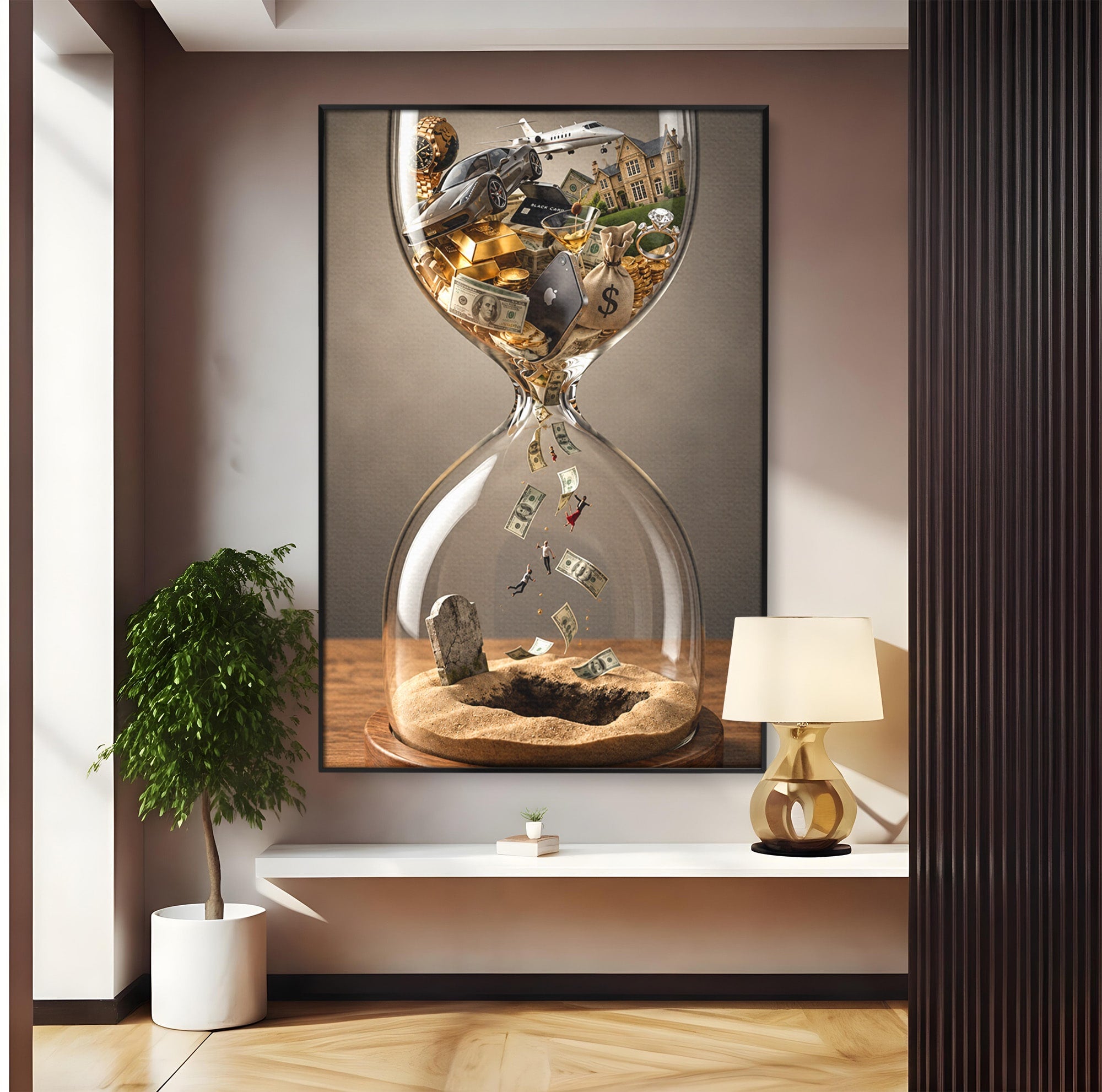 Tablou Canvas Premium LuxCanva® U1072, Clepsidra Timpului, Viata, Averi, Conceptual, Birou, Clepsidra, Culori Vibrante