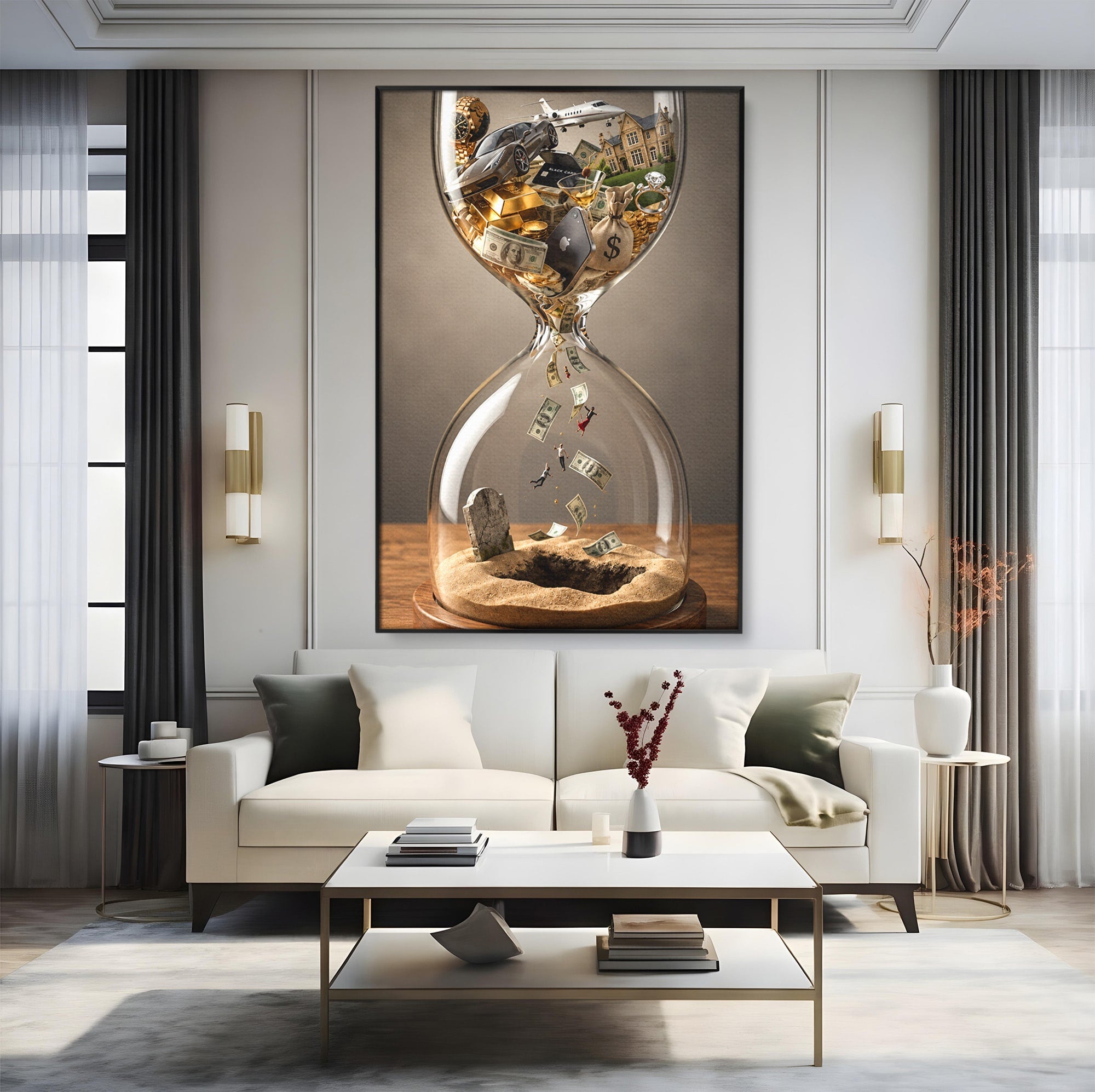 Tablou Canvas Premium LuxCanva® U1072, Clepsidra Timpului, Viata, Averi, Conceptual, Birou, Clepsidra, Culori Vibrante