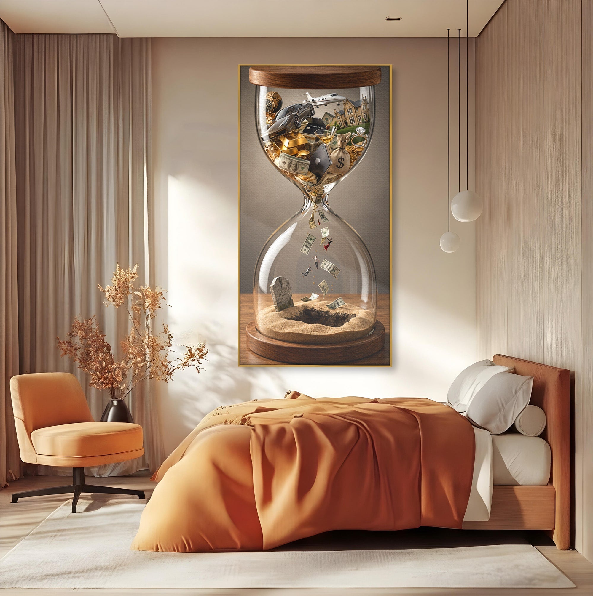 Tablou Canvas Premium LuxCanva® U1072, Clepsidra Timpului, Viata, Averi, Conceptual, Birou, Clepsidra, Culori Vibrante