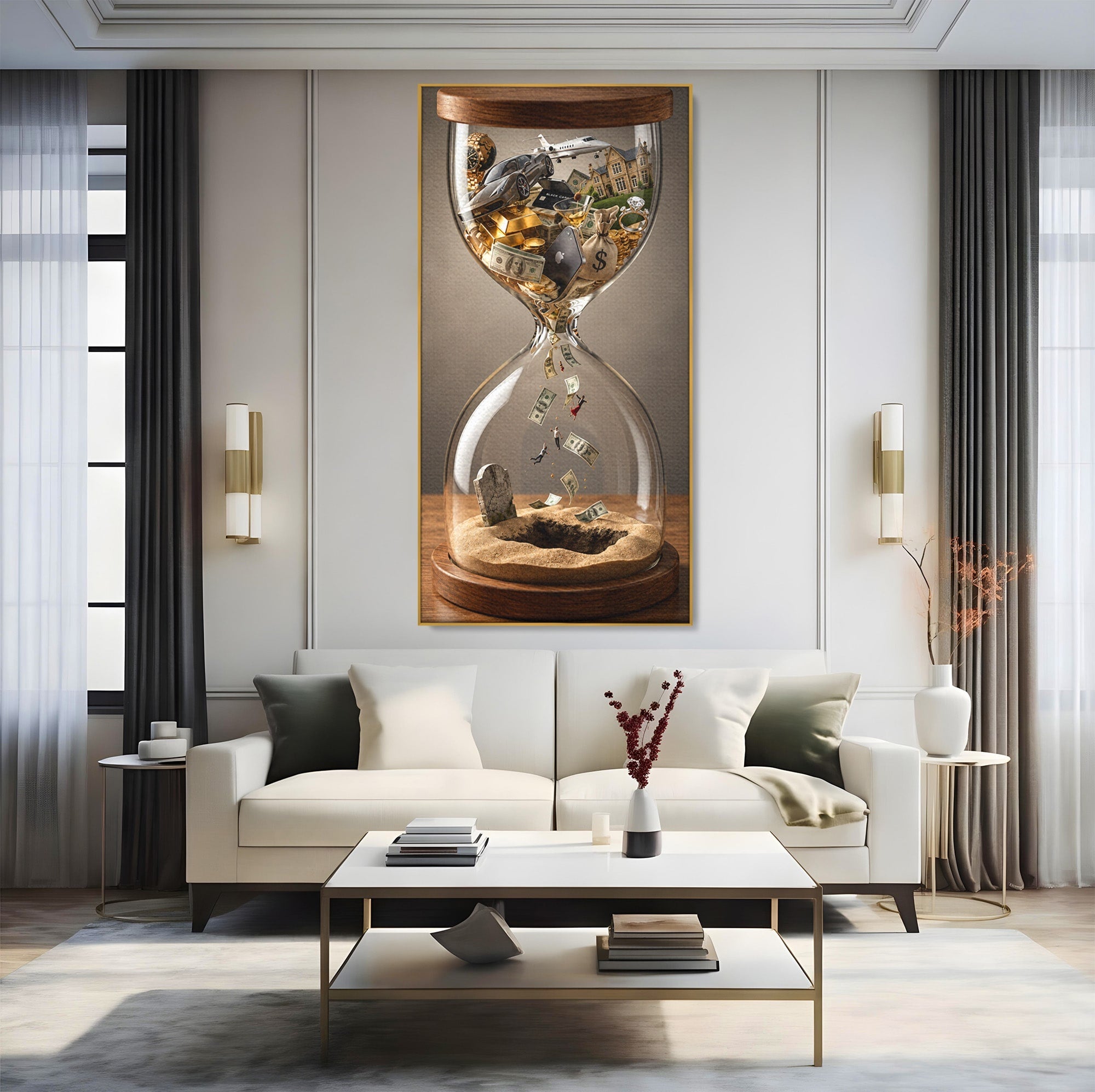Tablou Canvas Premium LuxCanva® U1072, Clepsidra Timpului, Viata, Averi, Conceptual, Birou, Clepsidra, Culori Vibrante