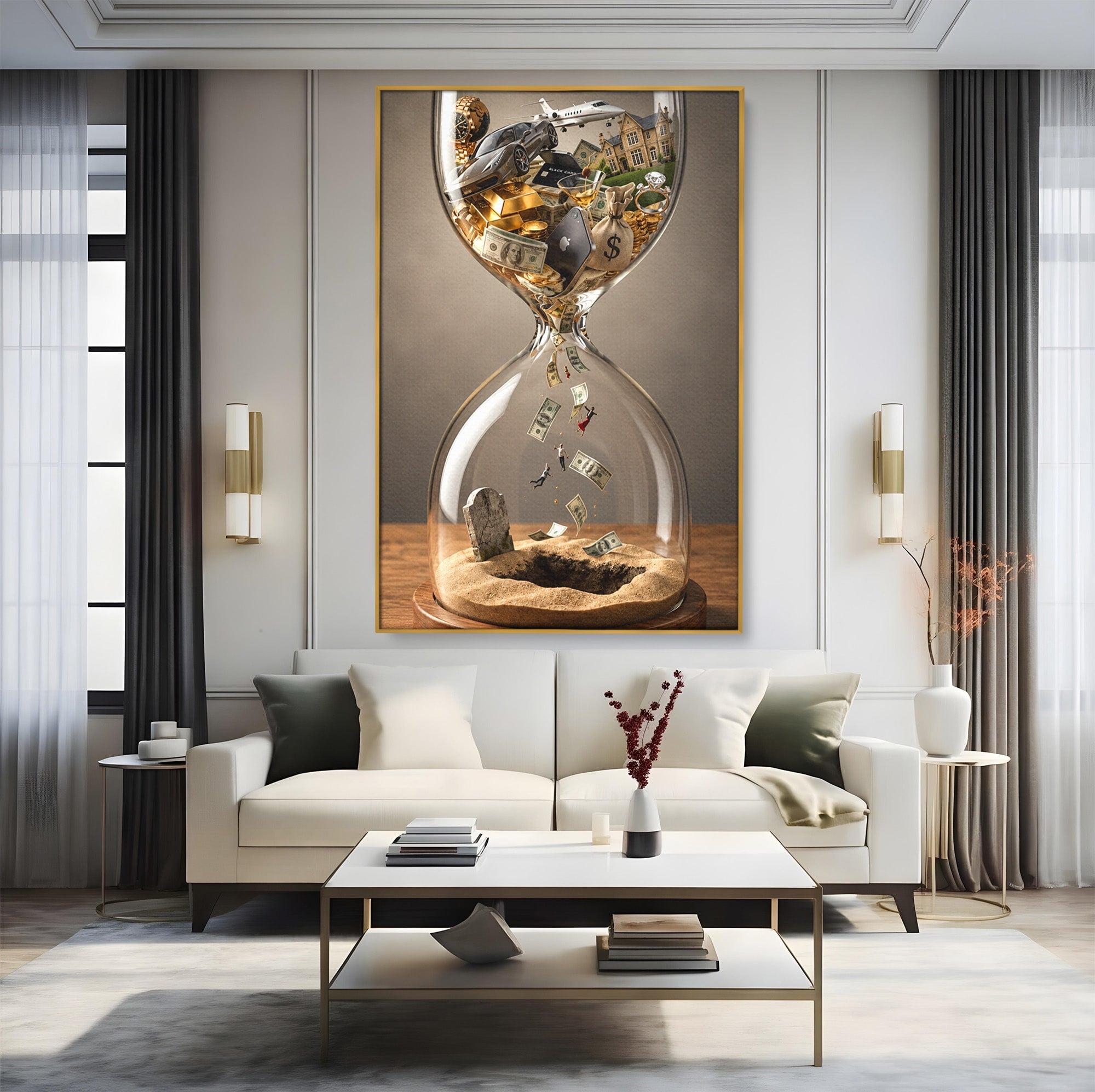 Tablou Canvas Premium LuxCanva® U1072, Clepsidra Timpului, Viata, Averi, Conceptual, Birou, Clepsidra, Culori Vibrante