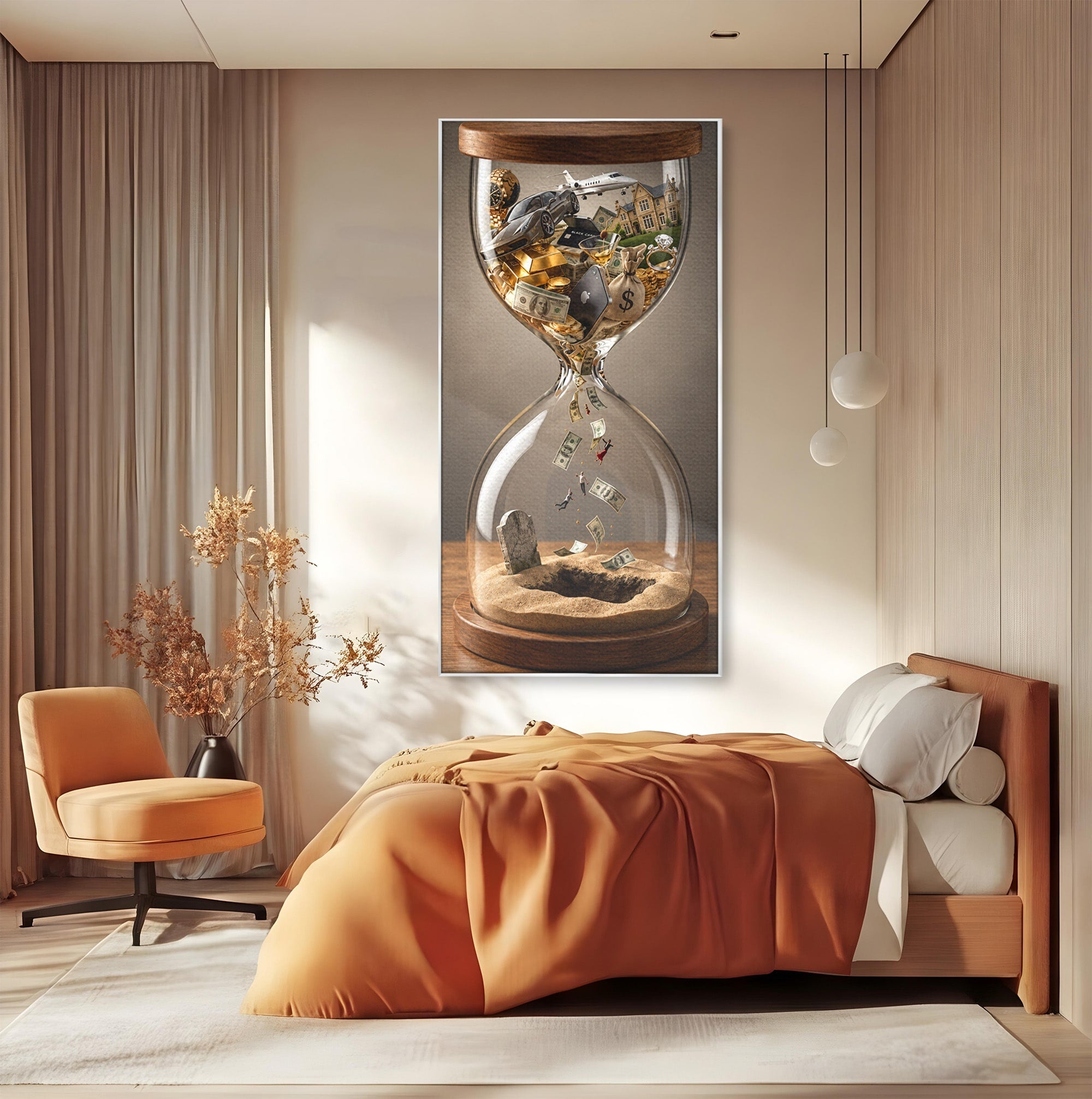 Tablou Canvas Premium LuxCanva® U1072, Clepsidra Timpului, Viata, Averi, Conceptual, Birou, Clepsidra, Culori Vibrante