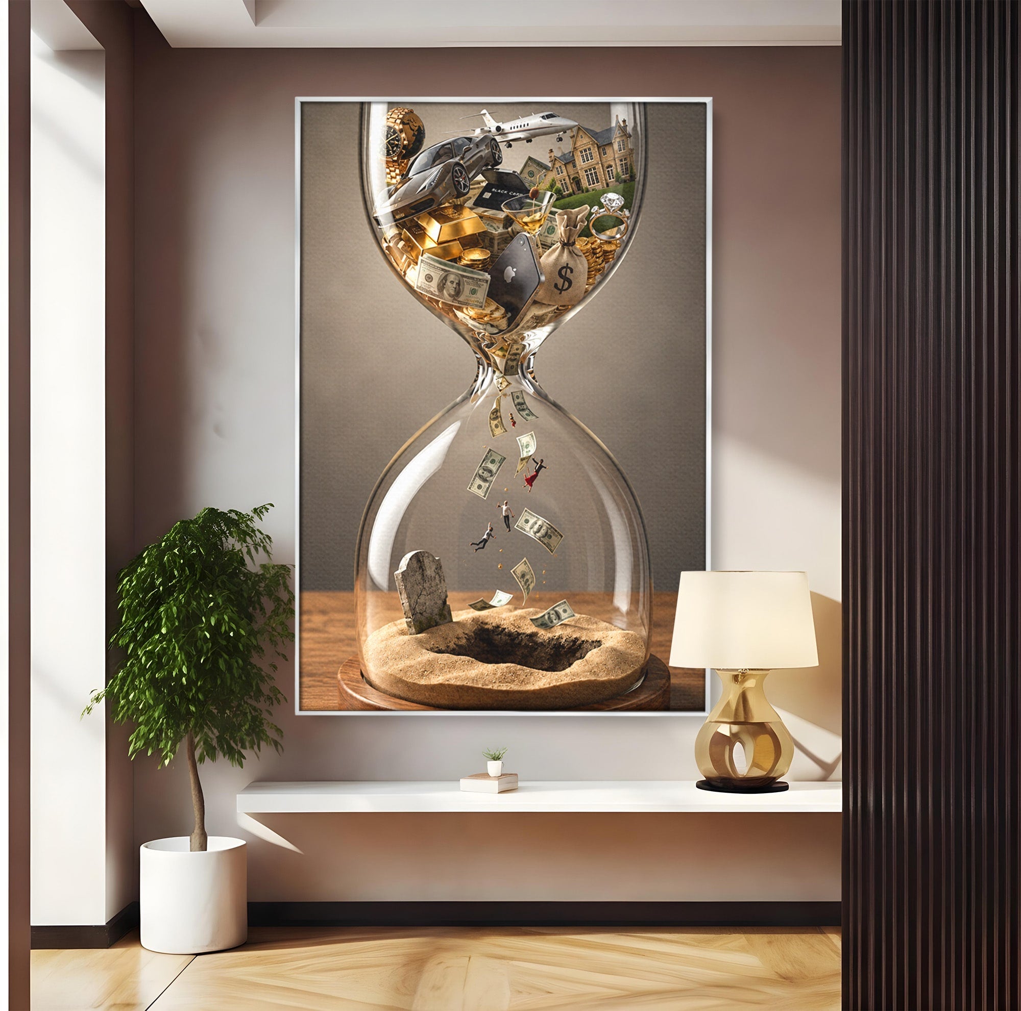 Tablou Canvas Premium LuxCanva® U1072, Clepsidra Timpului, Viata, Averi, Conceptual, Birou, Clepsidra, Culori Vibrante