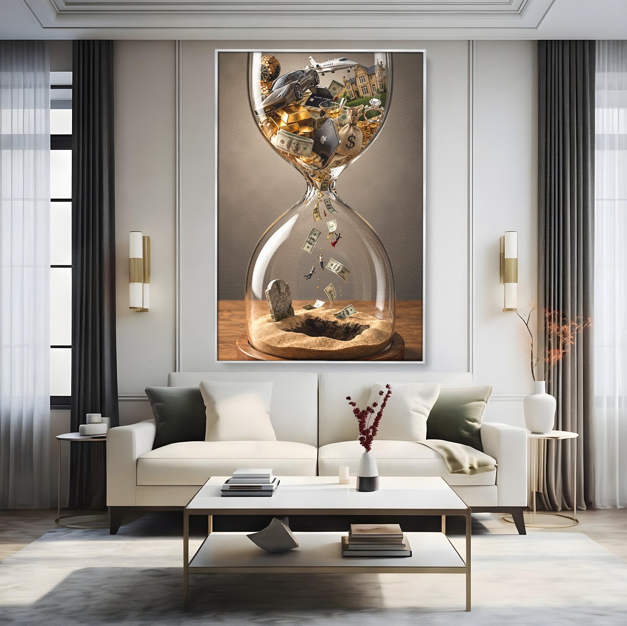 Tablou Canvas Premium LuxCanva® U1072, Clepsidra Timpului, Viata, Averi, Conceptual, Birou, Clepsidra, Culori Vibrante