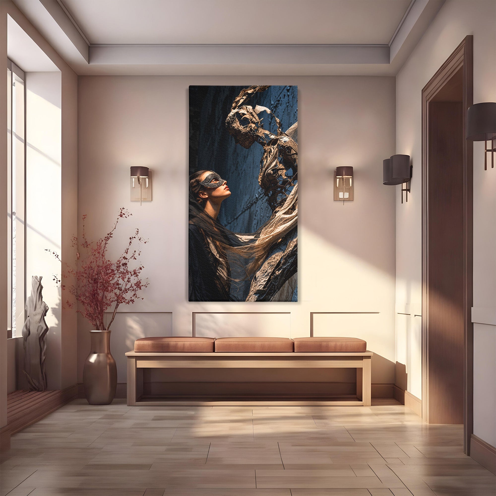 Tablou Canvas Premium LuxCanva® U1073, Dansul Mastilor, Sculptura, Mister, Arta, Masca, Dormitor, Culori Vibrante