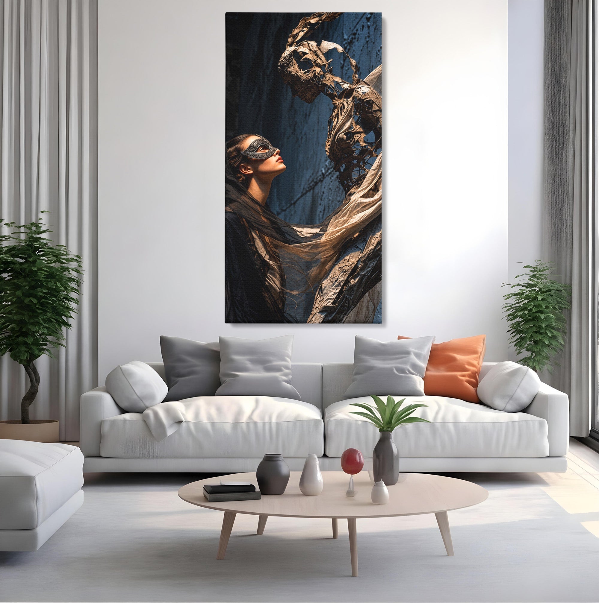 Tablou Canvas Premium LuxCanva® U1073, Dansul Mastilor, Sculptura, Mister, Arta, Masca, Dormitor, Culori Vibrante