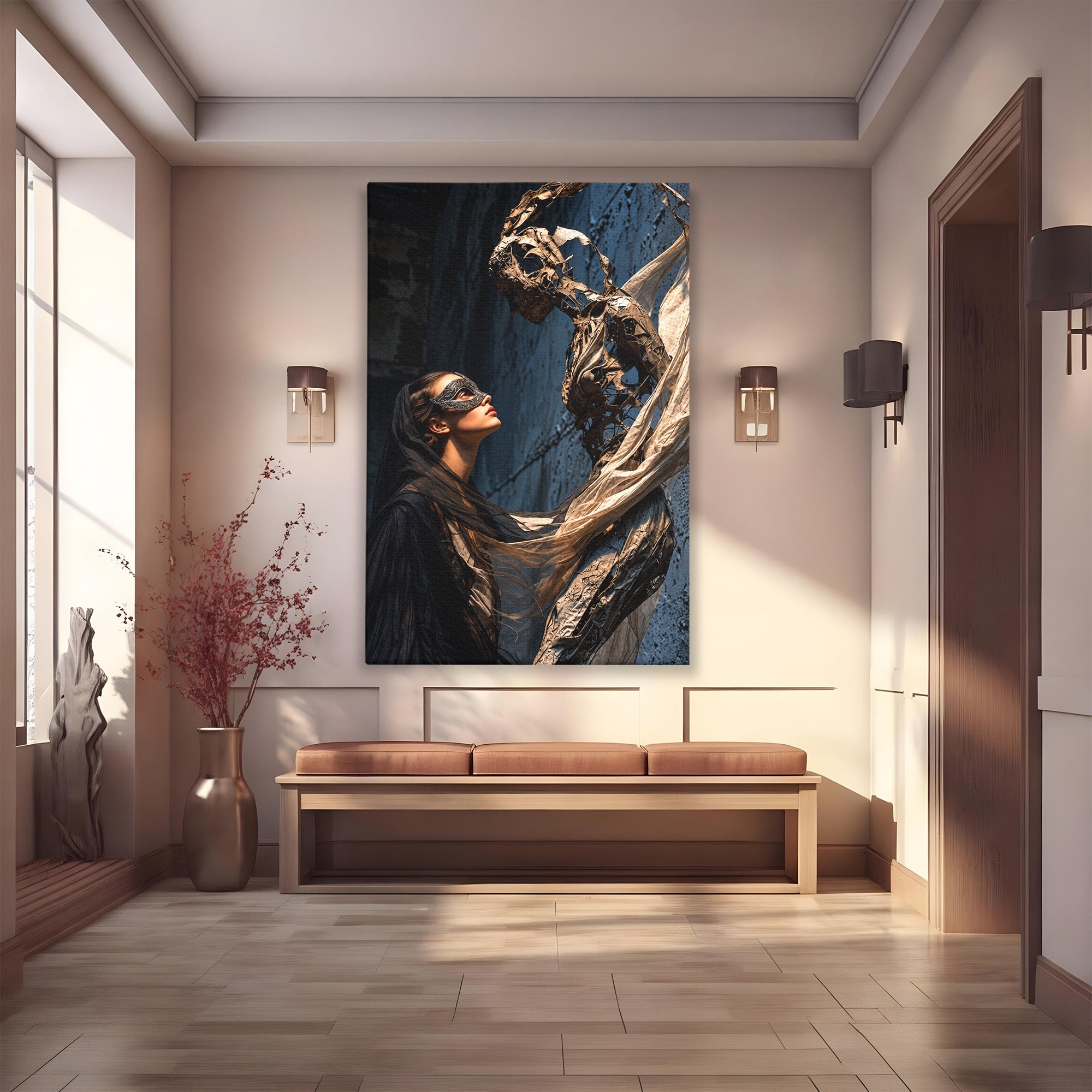 Tablou Canvas Premium LuxCanva® U1073, Dansul Mastilor, Sculptura, Mister, Arta, Masca, Dormitor, Culori Vibrante