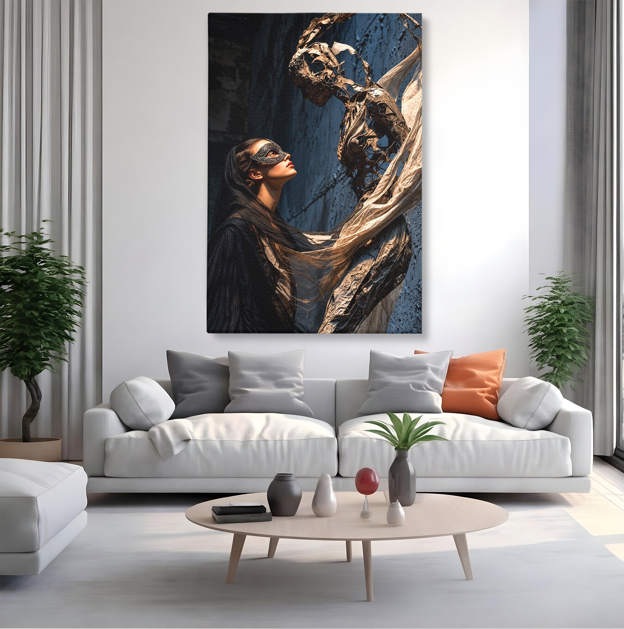 Tablou Canvas Premium LuxCanva® U1073, Dansul Mastilor, Sculptura, Mister, Arta, Masca, Dormitor, Culori Vibrante