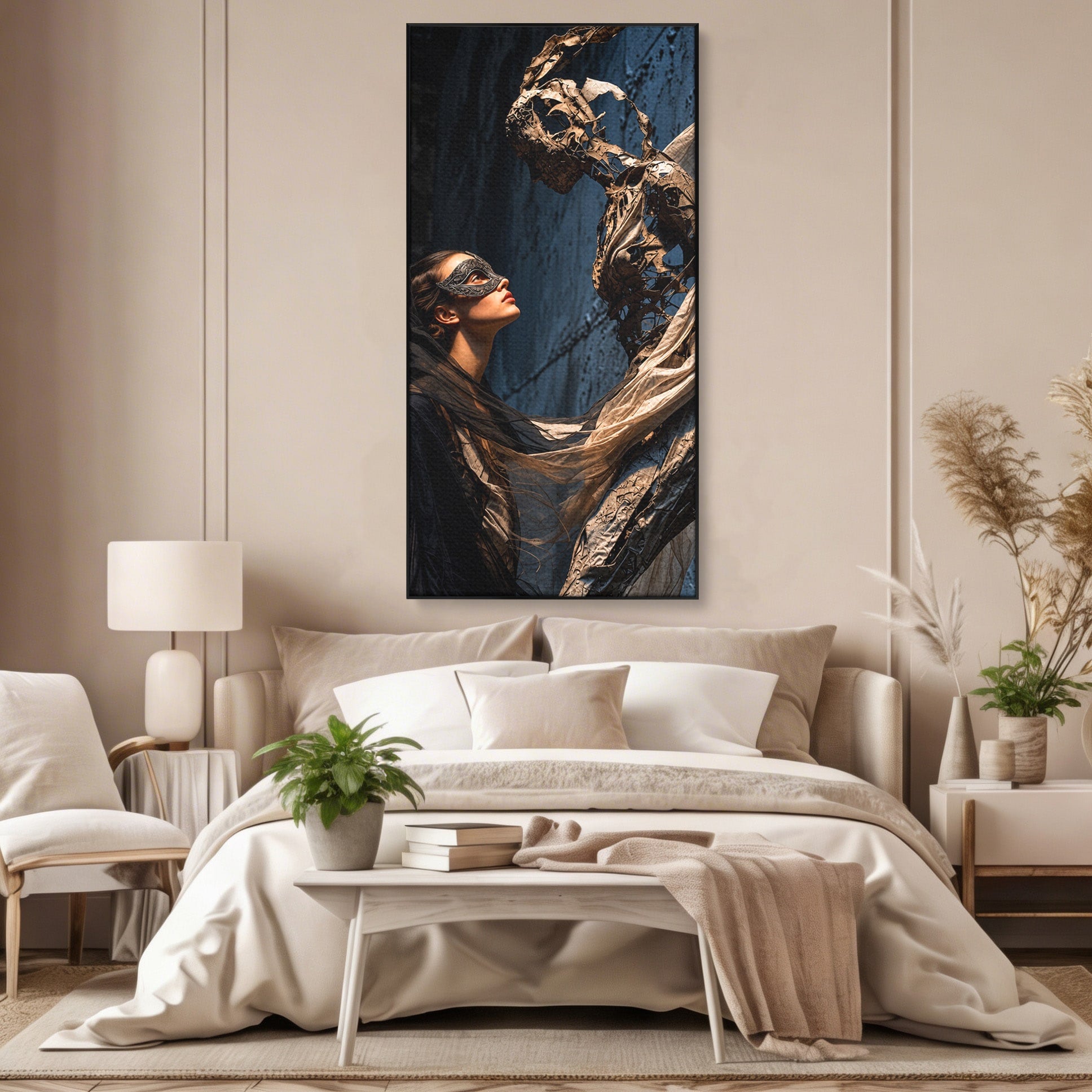 Tablou Canvas Premium LuxCanva® U1073, Dansul Mastilor, Sculptura, Mister, Arta, Masca, Dormitor, Culori Vibrante