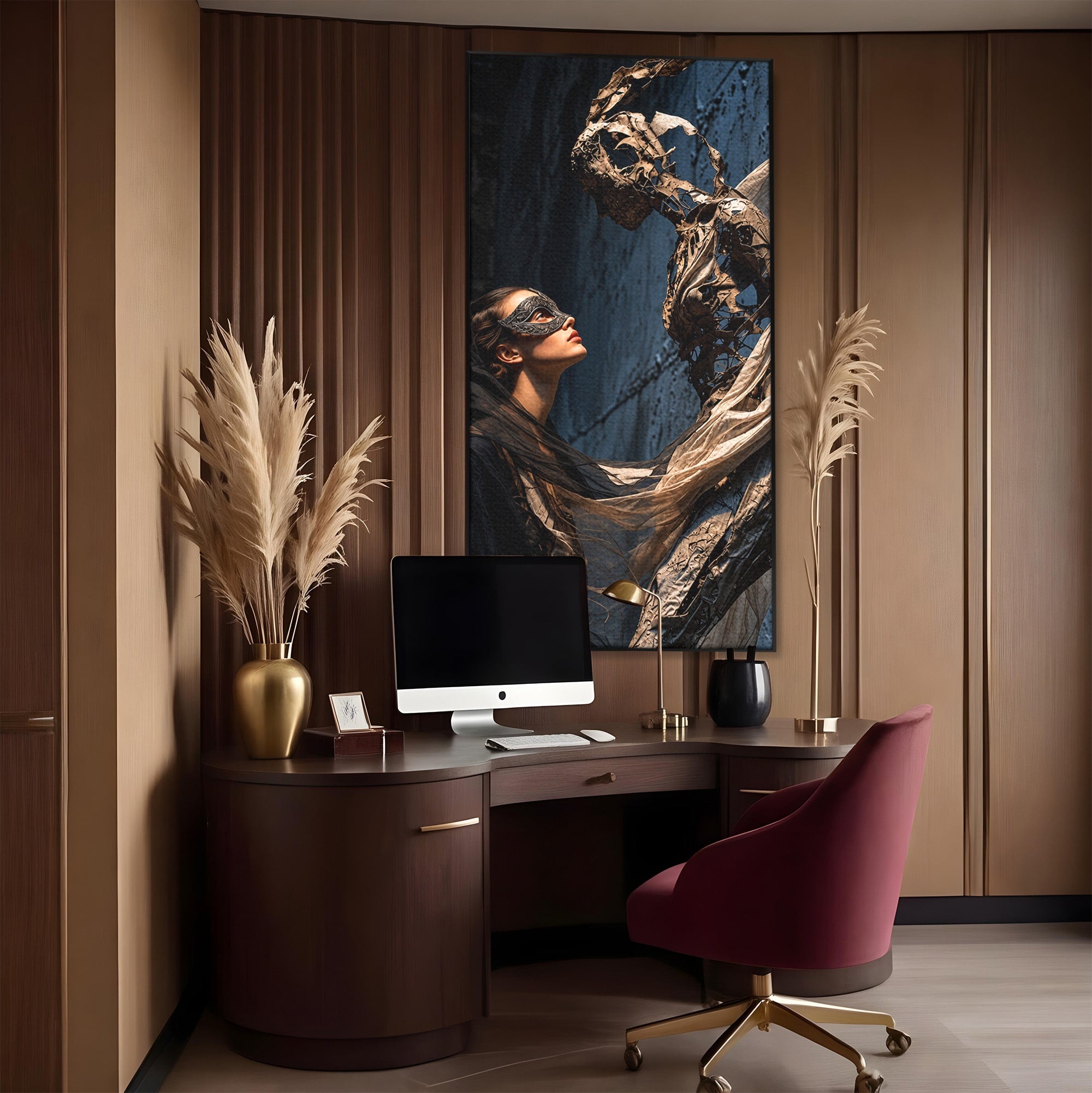 Tablou Canvas Premium LuxCanva® U1073, Dansul Mastilor, Sculptura, Mister, Arta, Masca, Dormitor, Culori Vibrante