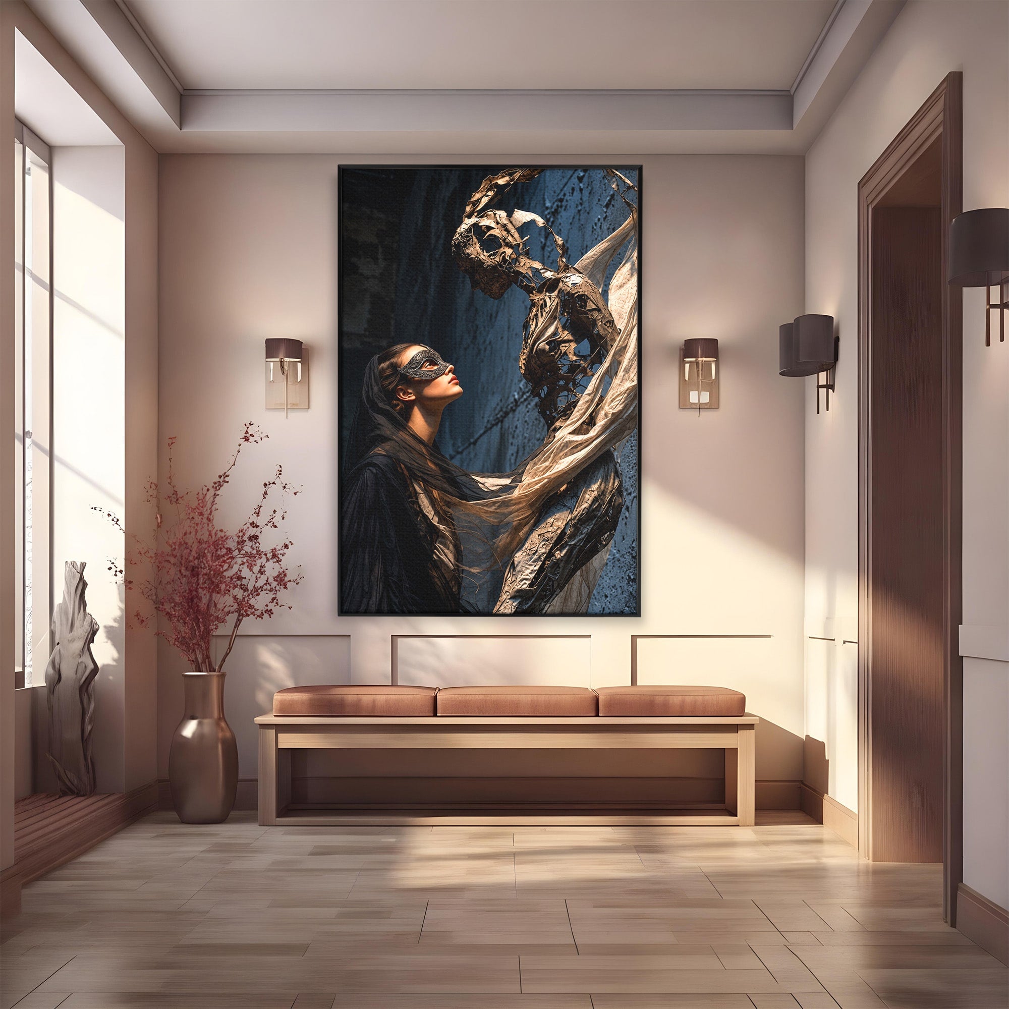 Tablou Canvas Premium LuxCanva® U1073, Dansul Mastilor, Sculptura, Mister, Arta, Masca, Dormitor, Culori Vibrante