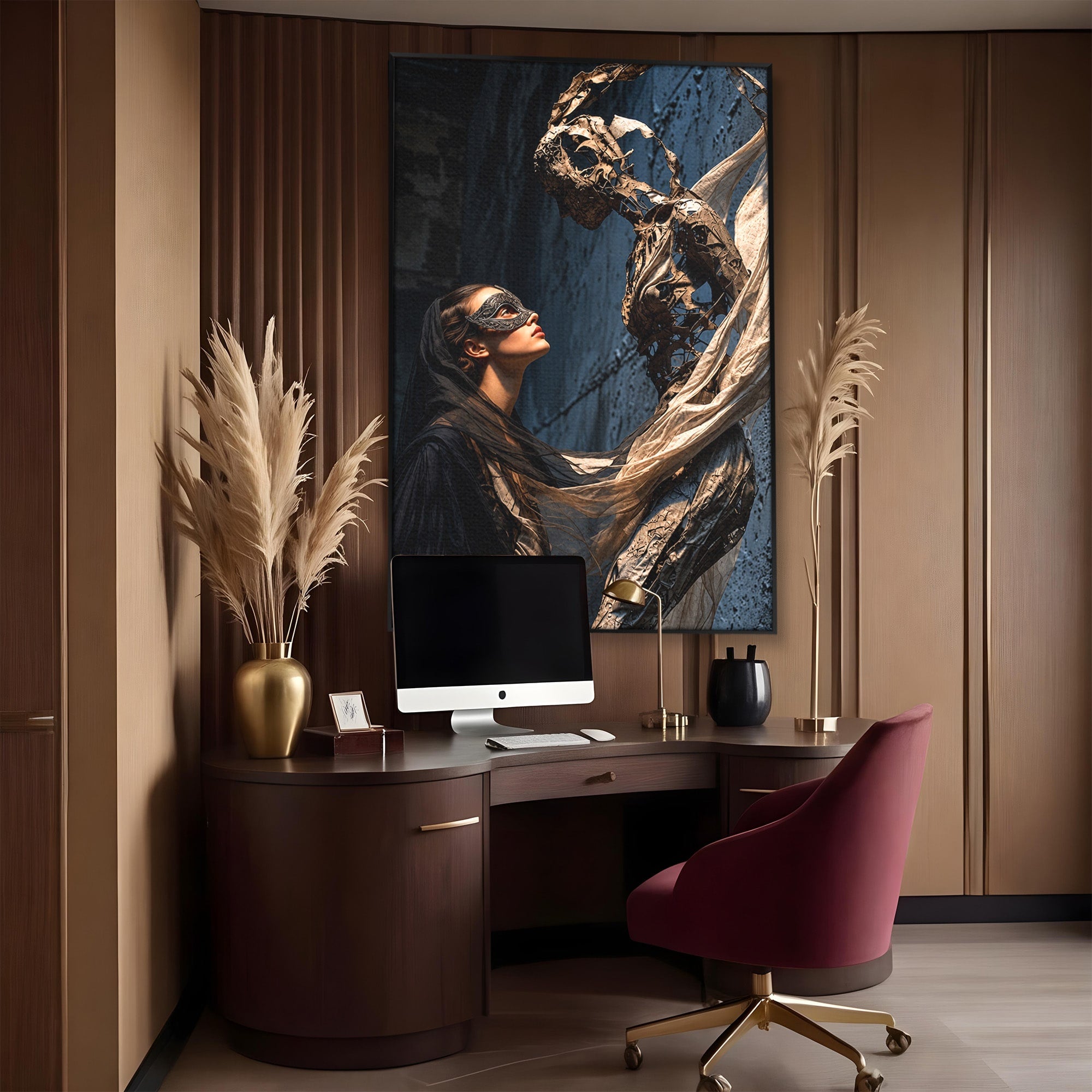 Tablou Canvas Premium LuxCanva® U1073, Dansul Mastilor, Sculptura, Mister, Arta, Masca, Dormitor, Culori Vibrante