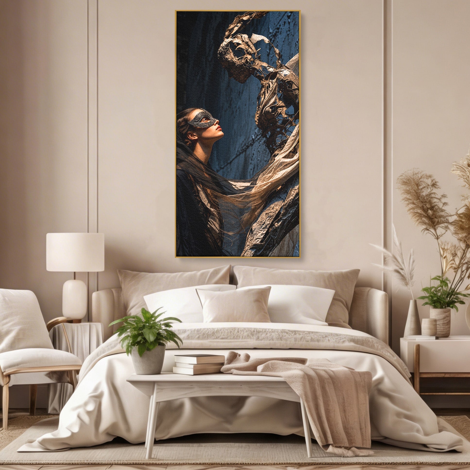 Tablou Canvas Premium LuxCanva® U1073, Dansul Mastilor, Sculptura, Mister, Arta, Masca, Dormitor, Culori Vibrante