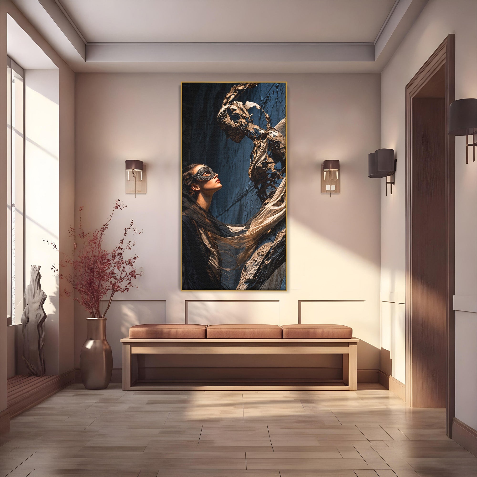Tablou Canvas Premium LuxCanva® U1073, Dansul Mastilor, Sculptura, Mister, Arta, Masca, Dormitor, Culori Vibrante