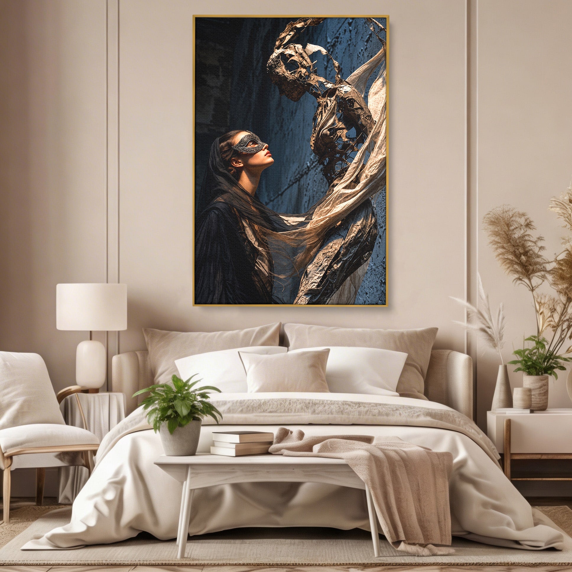Tablou Canvas Premium LuxCanva® U1073, Dansul Mastilor, Sculptura, Mister, Arta, Masca, Dormitor, Culori Vibrante