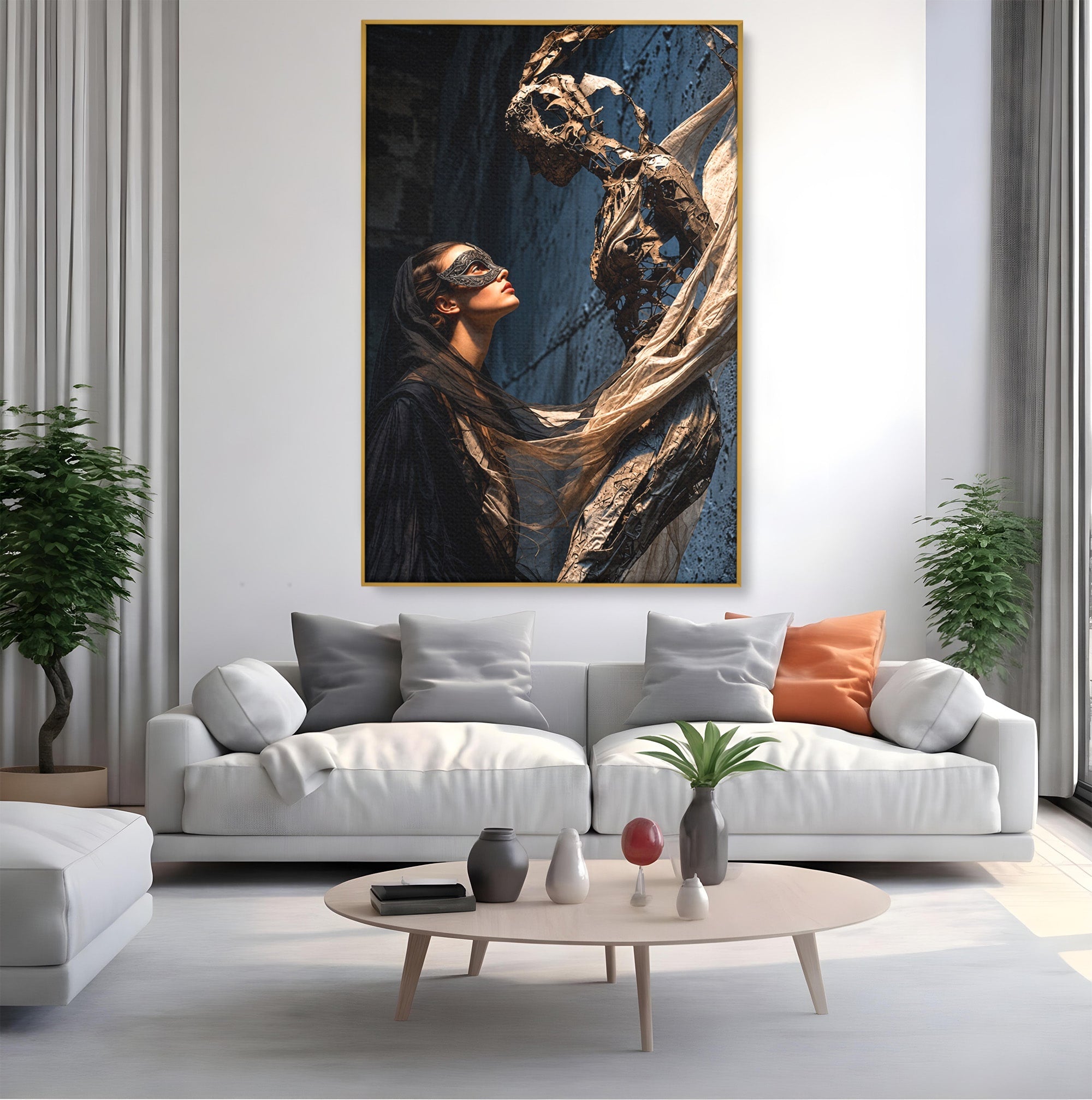 Tablou Canvas Premium LuxCanva® U1073, Dansul Mastilor, Sculptura, Mister, Arta, Masca, Dormitor, Culori Vibrante