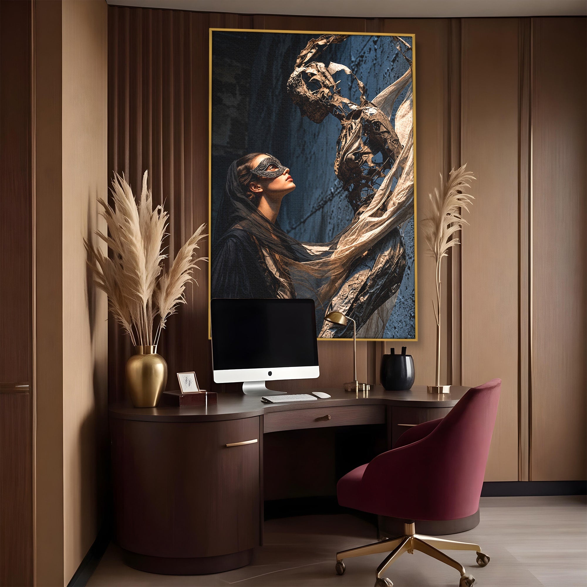 Tablou Canvas Premium LuxCanva® U1073, Dansul Mastilor, Sculptura, Mister, Arta, Masca, Dormitor, Culori Vibrante