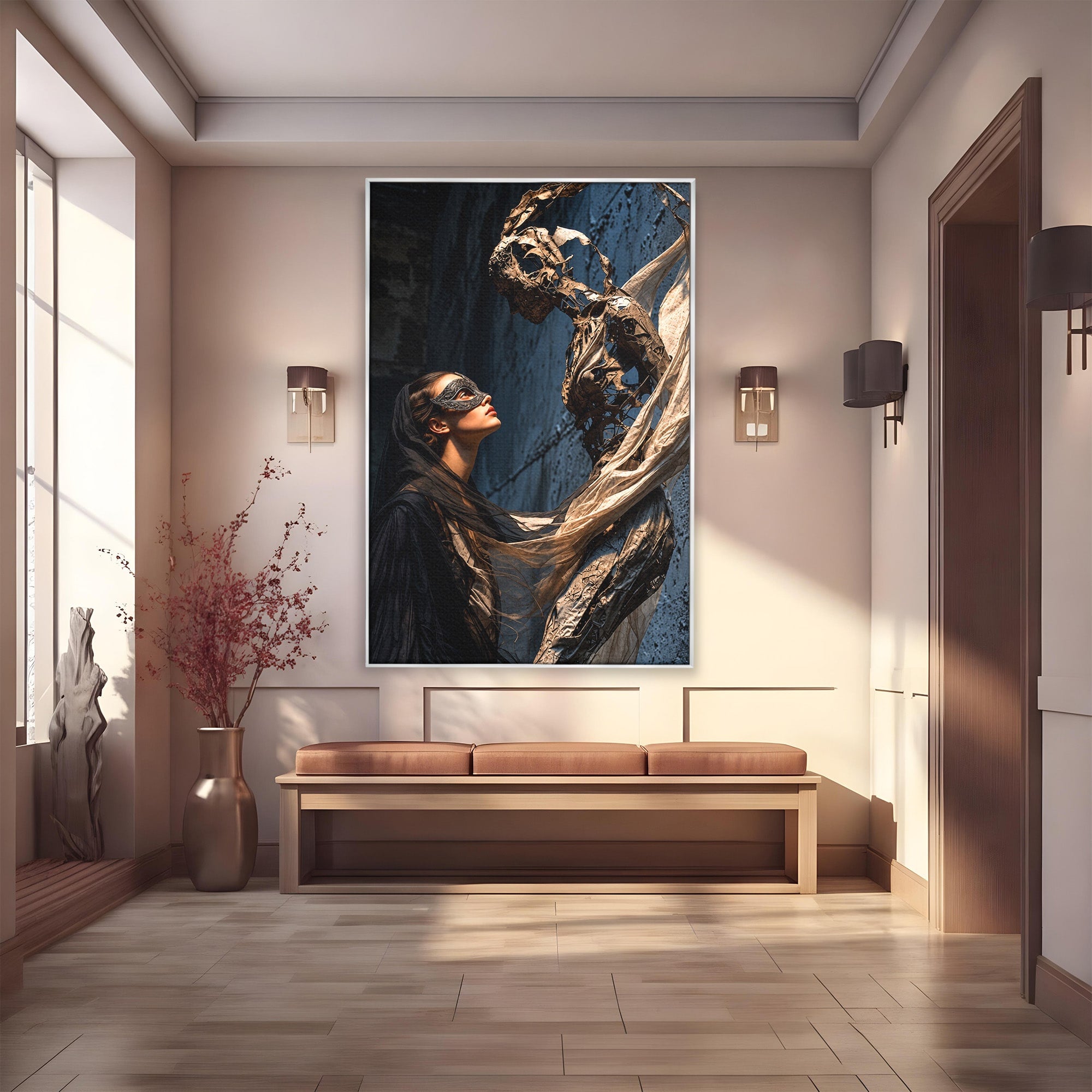 Tablou Canvas Premium LuxCanva® U1073, Dansul Mastilor, Sculptura, Mister, Arta, Masca, Dormitor, Culori Vibrante