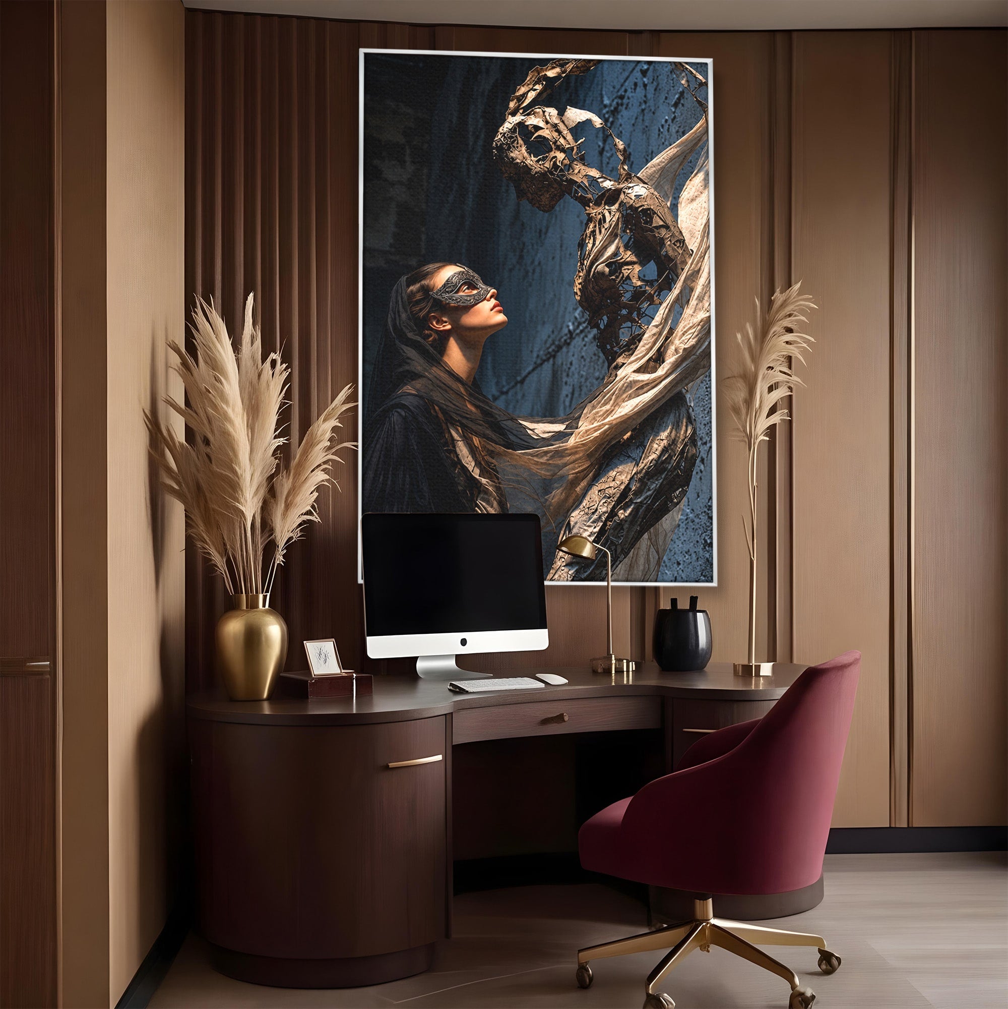 Tablou Canvas Premium LuxCanva® U1073, Dansul Mastilor, Sculptura, Mister, Arta, Masca, Dormitor, Culori Vibrante