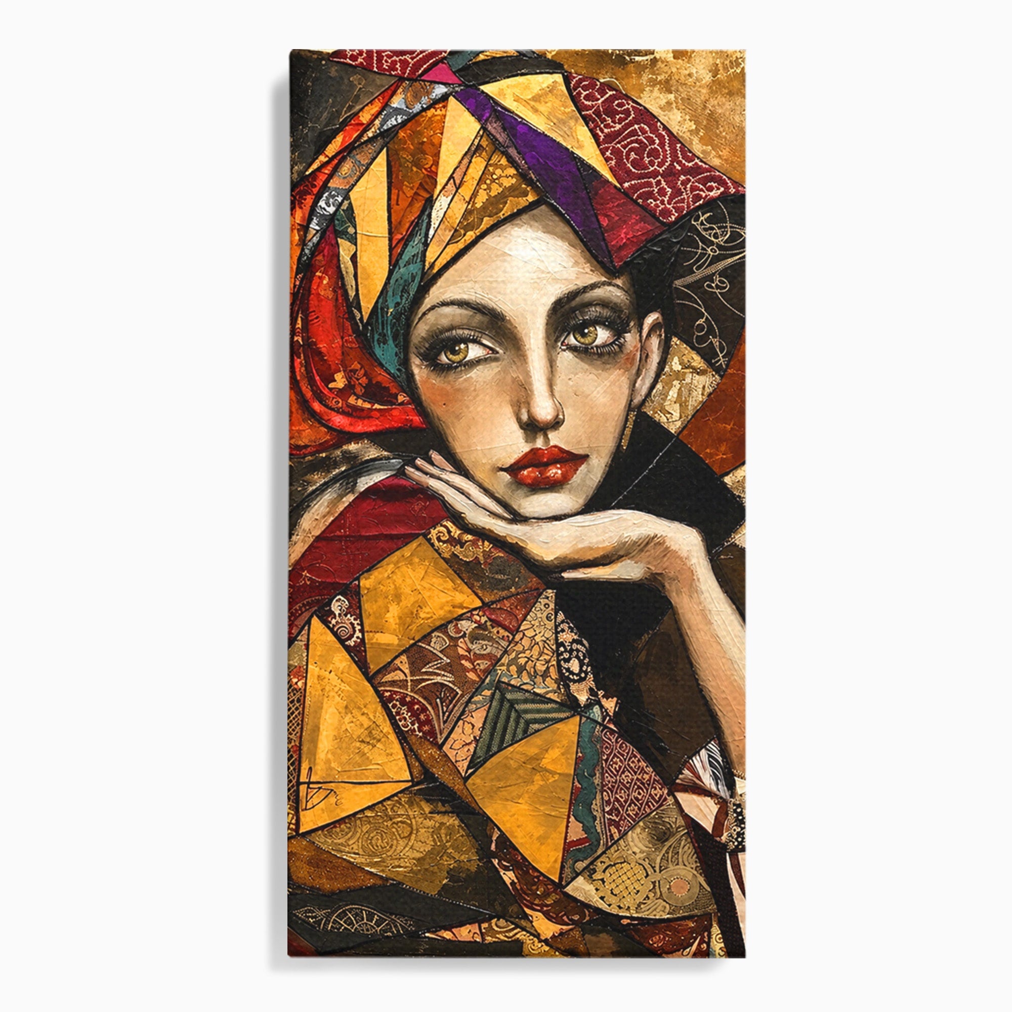 Tablou Canvas Premium LuxCanva® U1074, Misterul Privirii Cu Esarfa, Portret, Femeie, Esarfa, Arta, Dormitor, Culori Vibrante