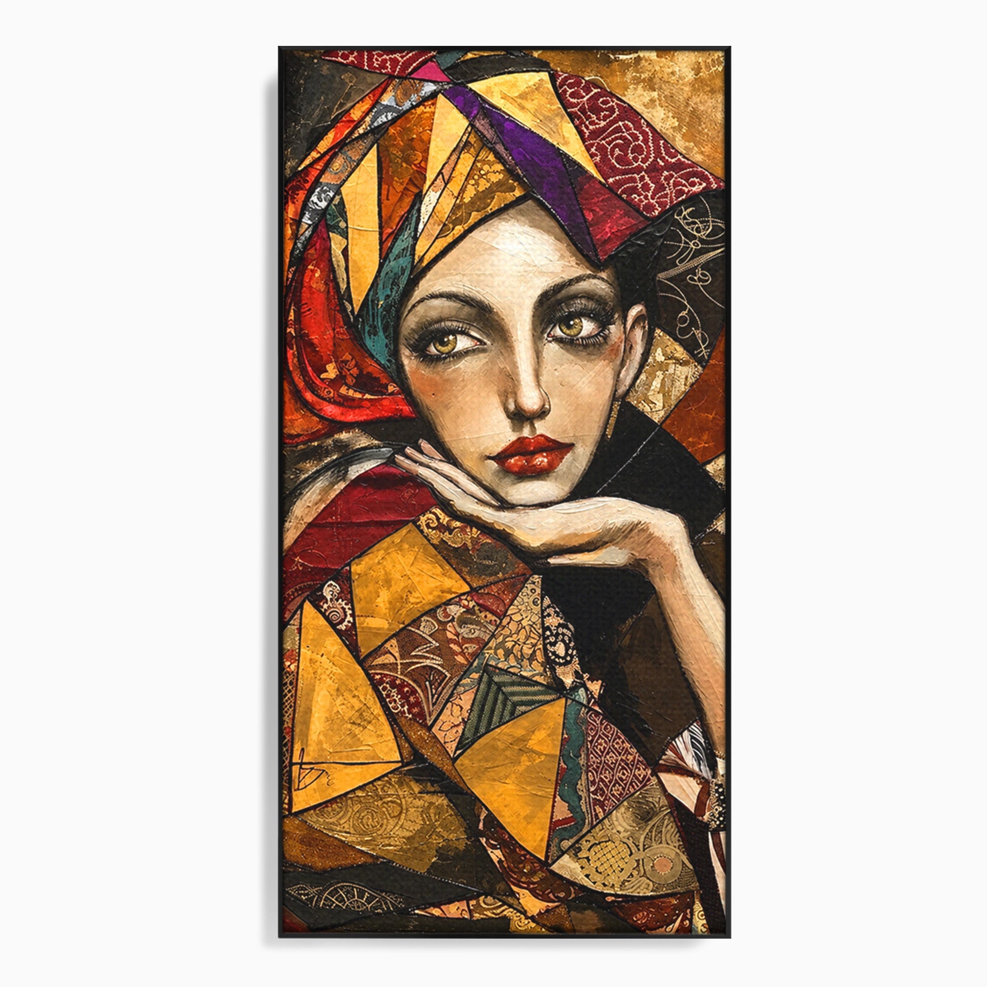 Tablou Canvas Premium LuxCanva® U1074, Misterul Privirii Cu Esarfa, Portret, Femeie, Esarfa, Arta, Dormitor, Culori Vibrante