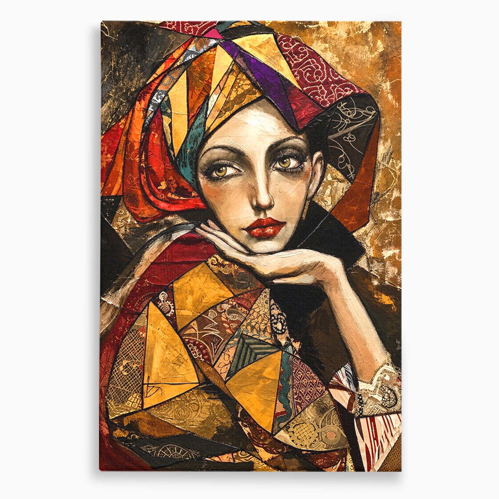 Tablou Canvas Premium LuxCanva® U1074, Misterul Privirii Cu Esarfa, Portret, Femeie, Esarfa, Arta, Dormitor, Culori Vibrante