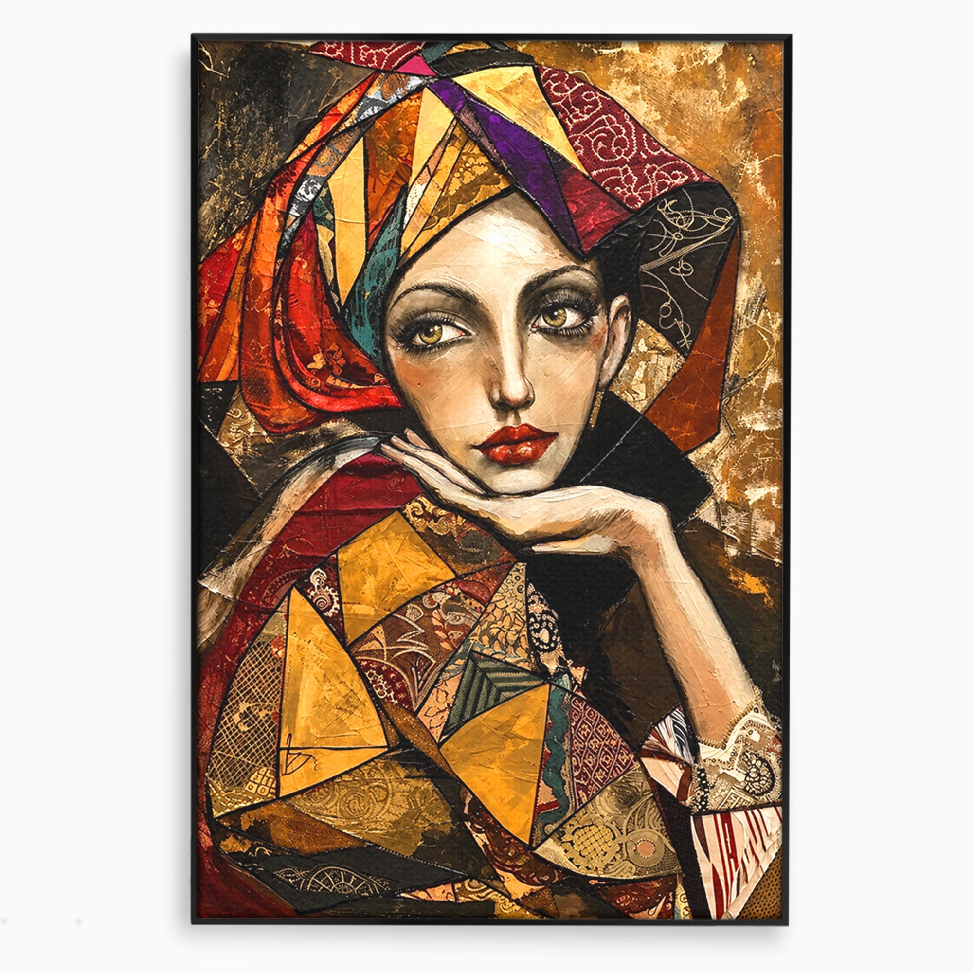 Tablou Canvas Premium LuxCanva® U1074, Misterul Privirii Cu Esarfa, Portret, Femeie, Esarfa, Arta, Dormitor, Culori Vibrante