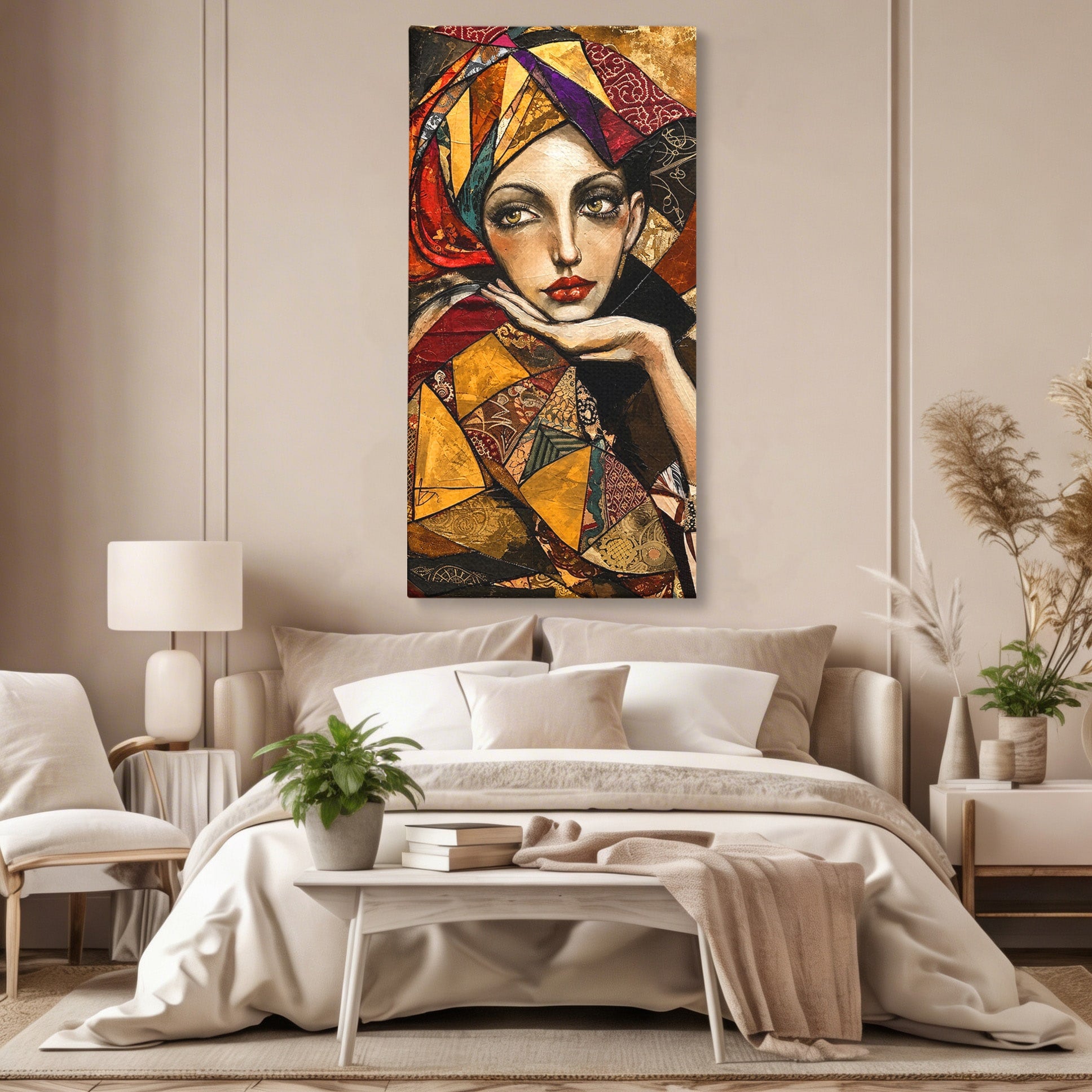 Tablou Canvas Premium LuxCanva® U1074, Misterul Privirii Cu Esarfa, Portret, Femeie, Esarfa, Arta, Dormitor, Culori Vibrante