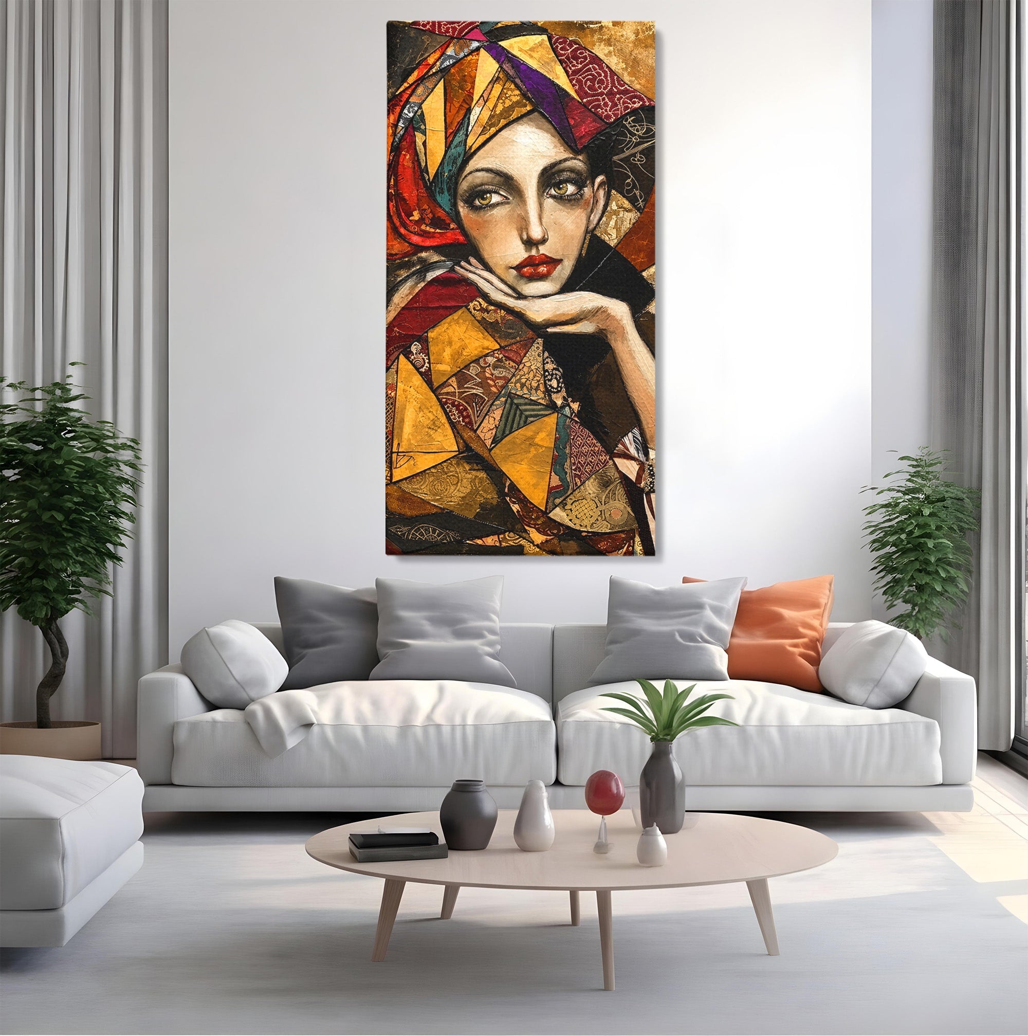 Tablou Canvas Premium LuxCanva® U1074, Misterul Privirii Cu Esarfa, Portret, Femeie, Esarfa, Arta, Dormitor, Culori Vibrante