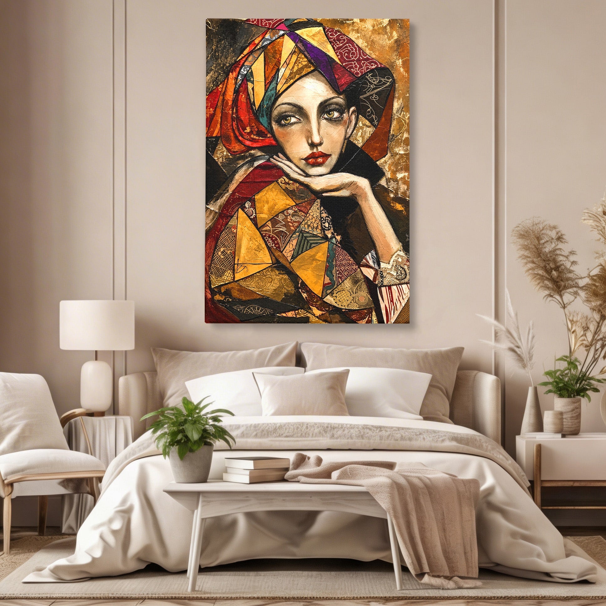 Tablou Canvas Premium LuxCanva® U1074, Misterul Privirii Cu Esarfa, Portret, Femeie, Esarfa, Arta, Dormitor, Culori Vibrante