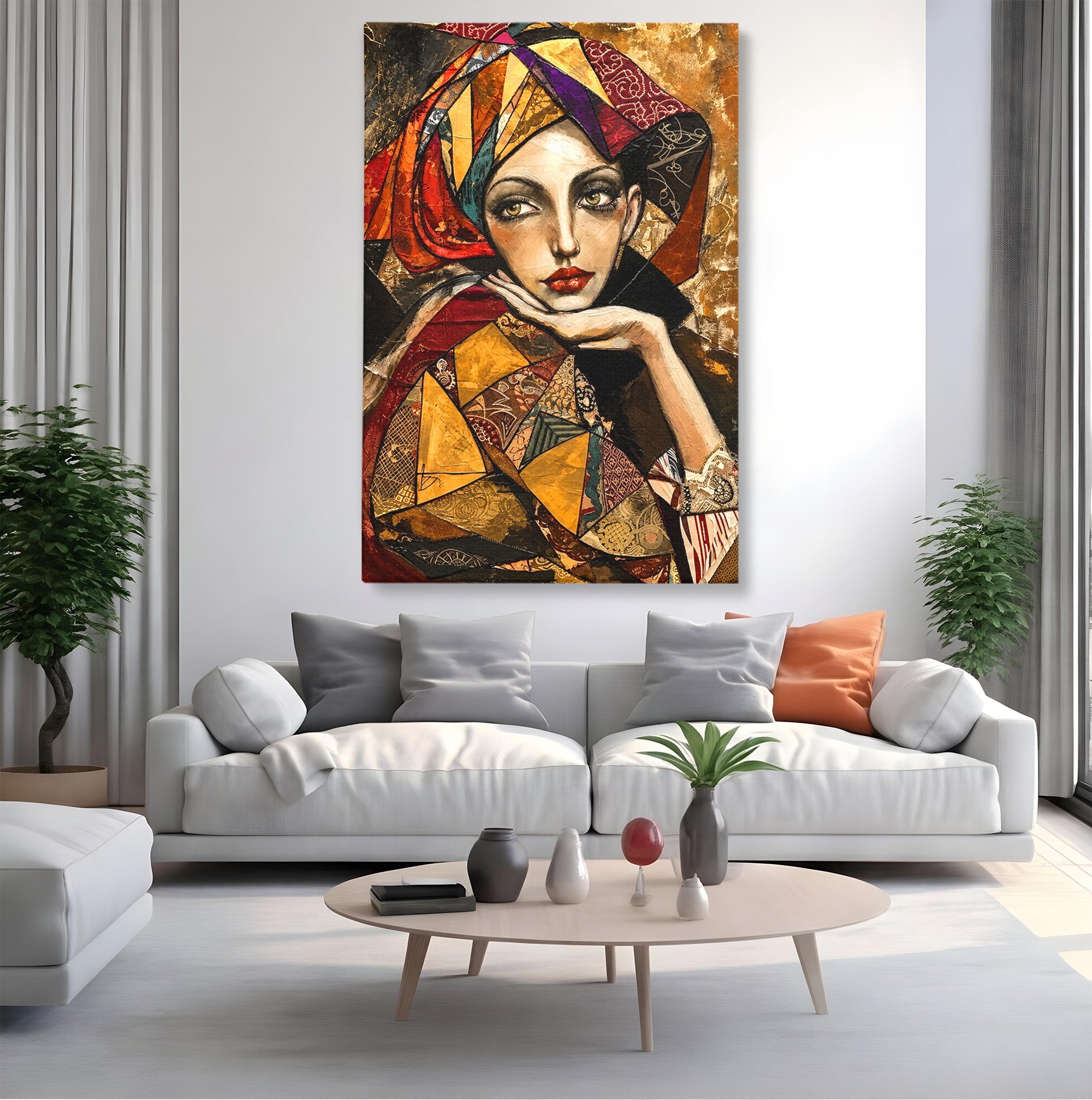 Tablou Canvas Premium LuxCanva® U1074, Misterul Privirii Cu Esarfa, Portret, Femeie, Esarfa, Arta, Dormitor, Culori Vibrante