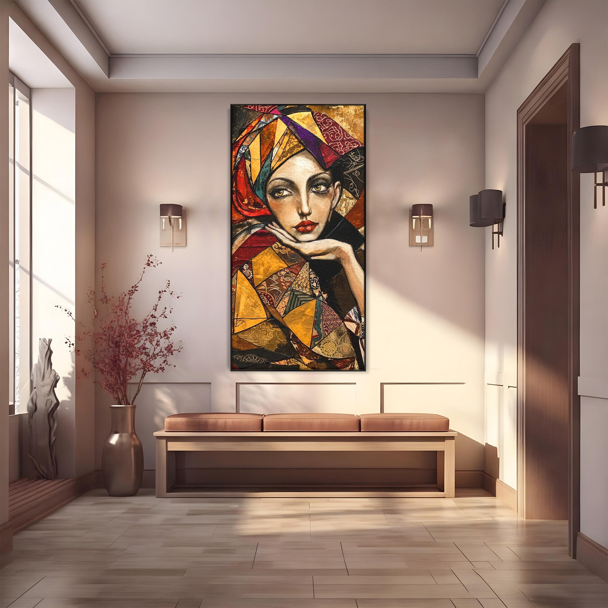 Tablou Canvas Premium LuxCanva® U1074, Misterul Privirii Cu Esarfa, Portret, Femeie, Esarfa, Arta, Dormitor, Culori Vibrante