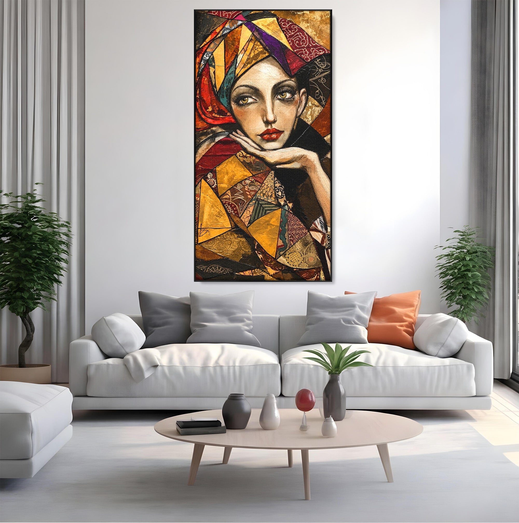 Tablou Canvas Premium LuxCanva® U1074, Misterul Privirii Cu Esarfa, Portret, Femeie, Esarfa, Arta, Dormitor, Culori Vibrante