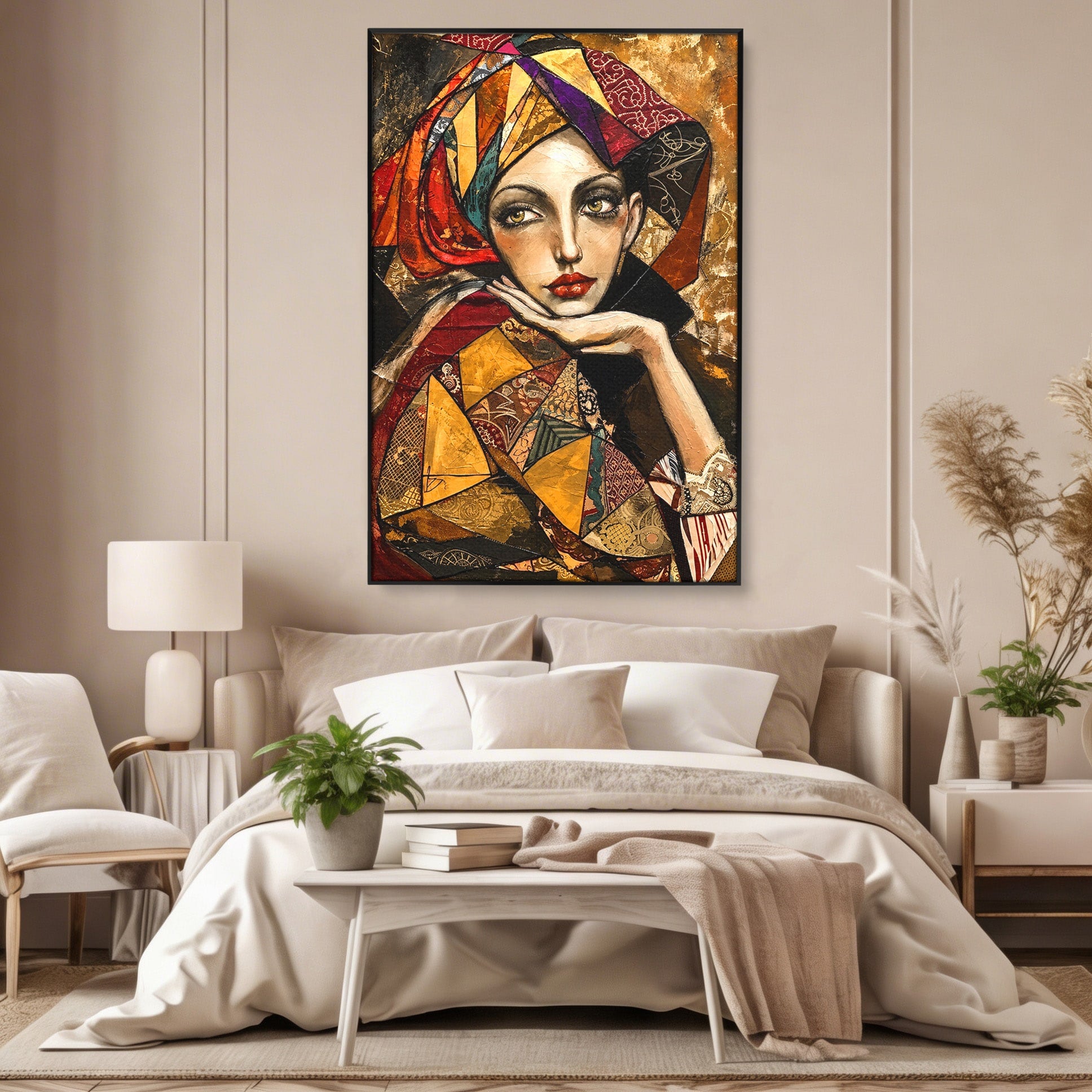Tablou Canvas Premium LuxCanva® U1074, Misterul Privirii Cu Esarfa, Portret, Femeie, Esarfa, Arta, Dormitor, Culori Vibrante