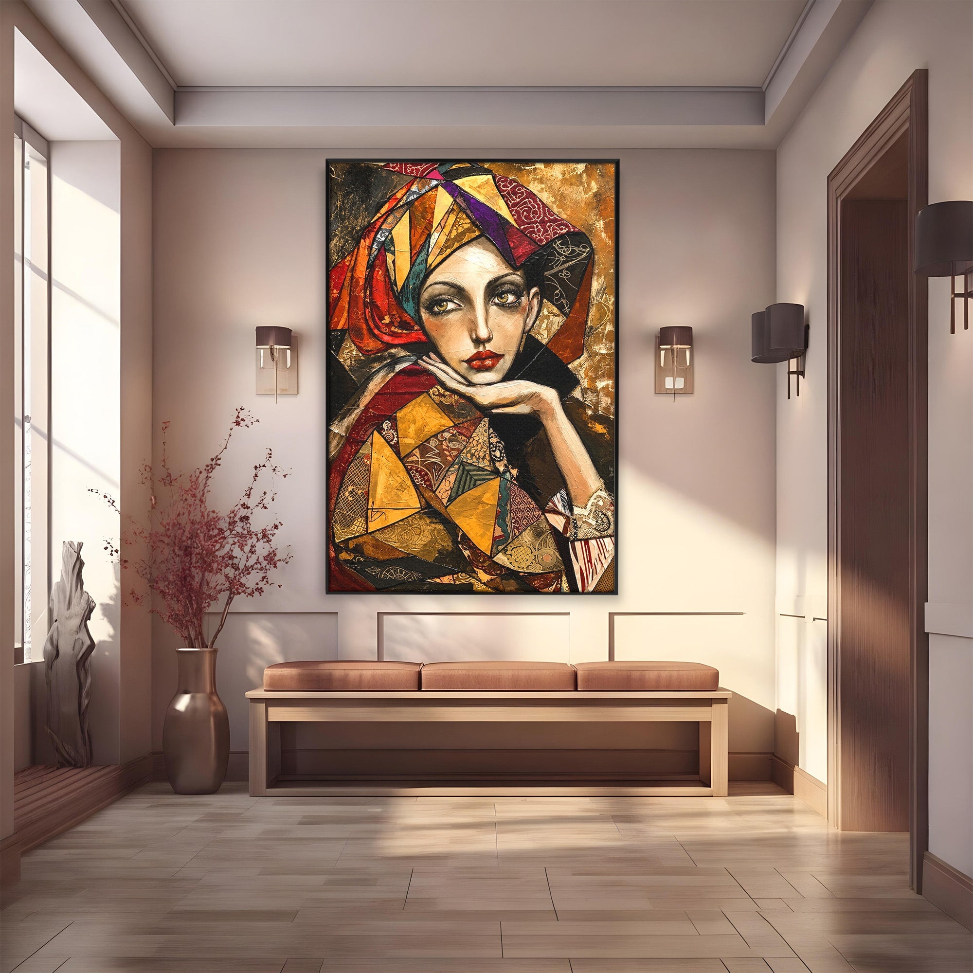 Tablou Canvas Premium LuxCanva® U1074, Misterul Privirii Cu Esarfa, Portret, Femeie, Esarfa, Arta, Dormitor, Culori Vibrante