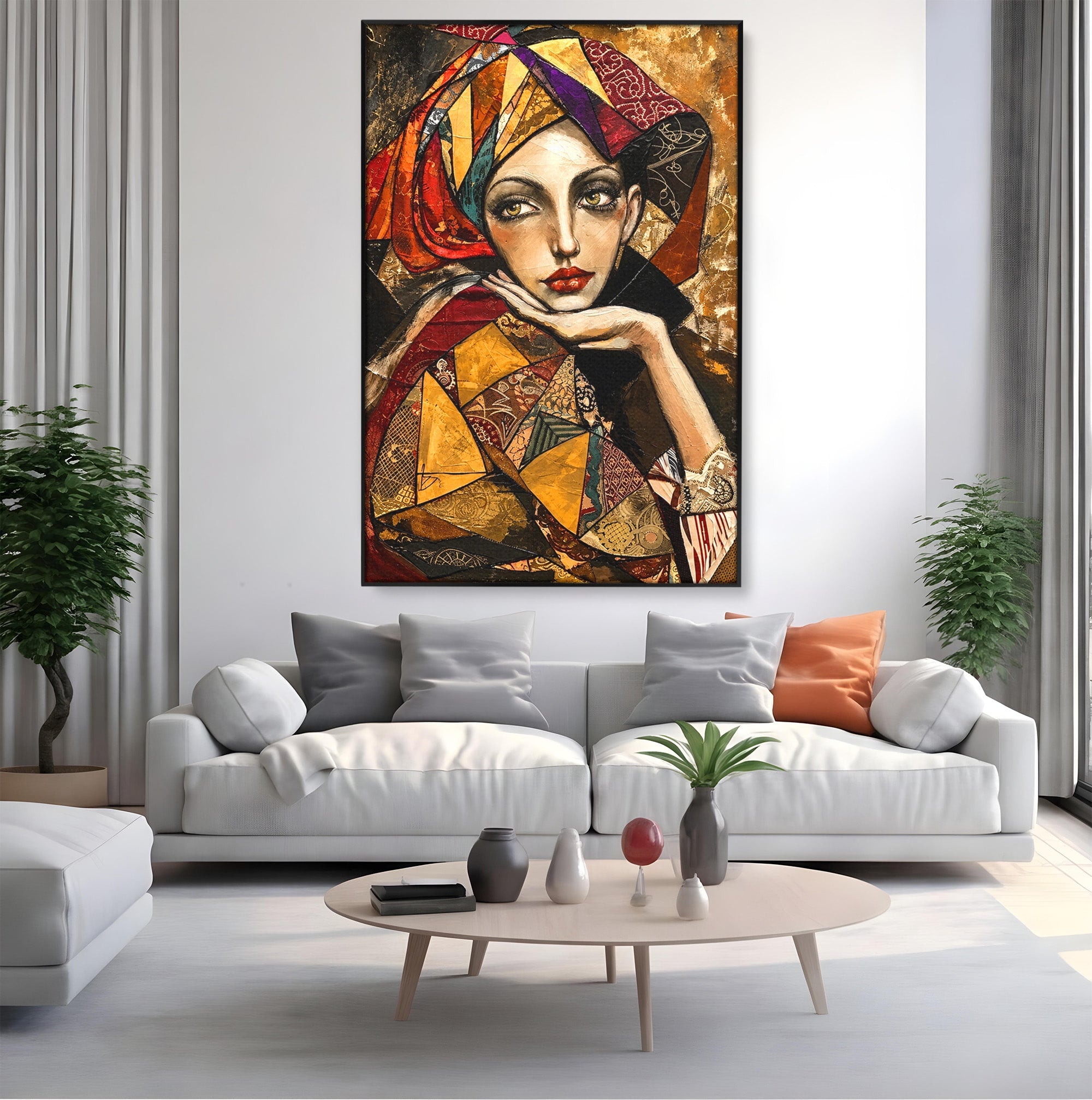 Tablou Canvas Premium LuxCanva® U1074, Misterul Privirii Cu Esarfa, Portret, Femeie, Esarfa, Arta, Dormitor, Culori Vibrante