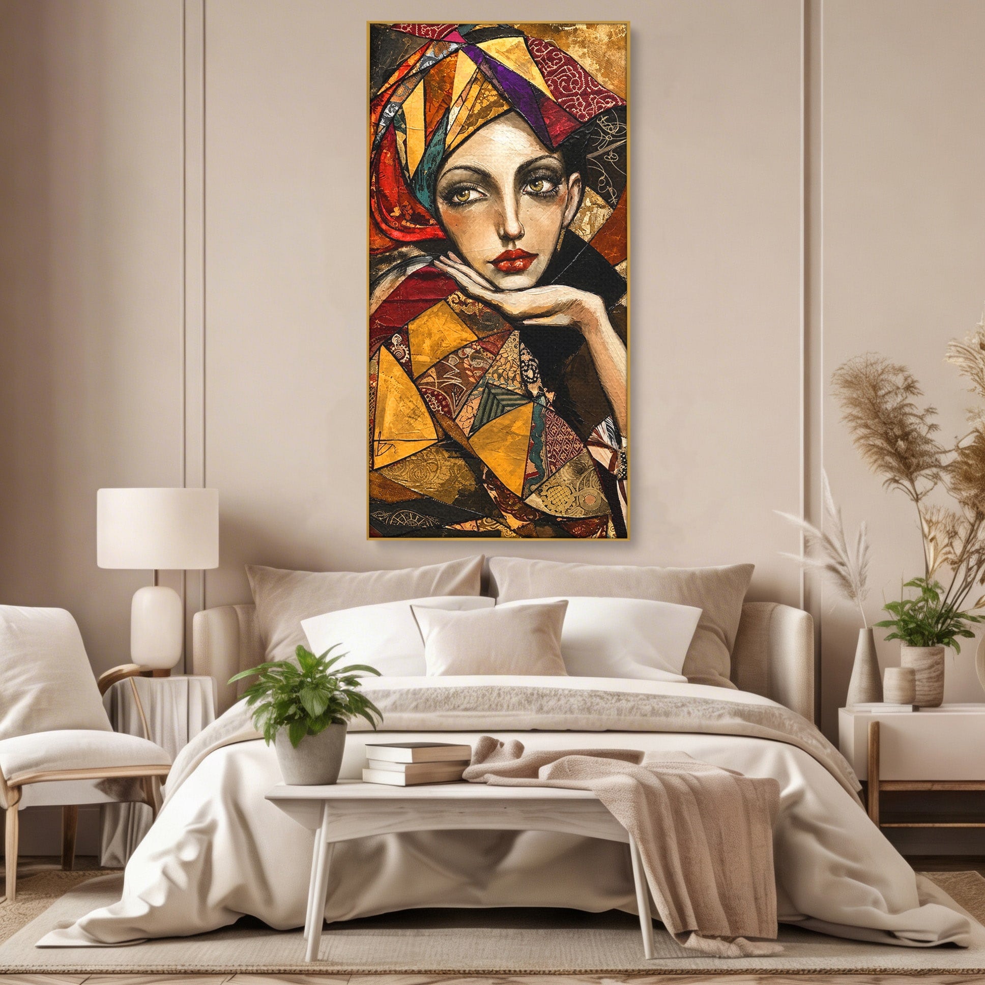 Tablou Canvas Premium LuxCanva® U1074, Misterul Privirii Cu Esarfa, Portret, Femeie, Esarfa, Arta, Dormitor, Culori Vibrante