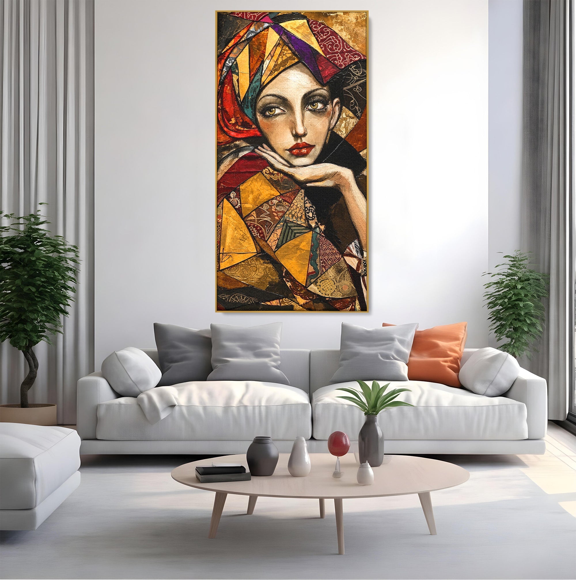 Tablou Canvas Premium LuxCanva® U1074, Misterul Privirii Cu Esarfa, Portret, Femeie, Esarfa, Arta, Dormitor, Culori Vibrante