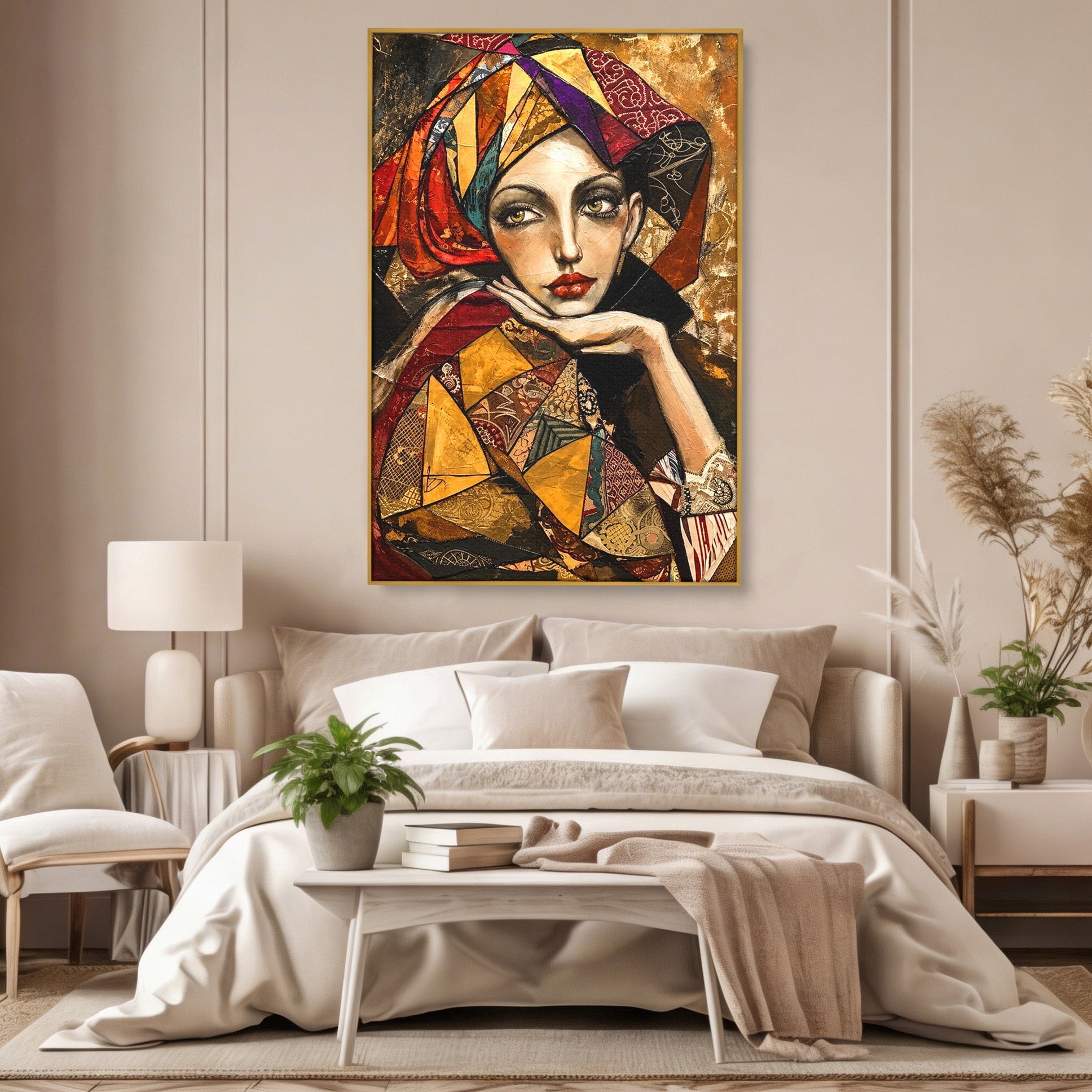Tablou Canvas Premium LuxCanva® U1074, Misterul Privirii Cu Esarfa, Portret, Femeie, Esarfa, Arta, Dormitor, Culori Vibrante